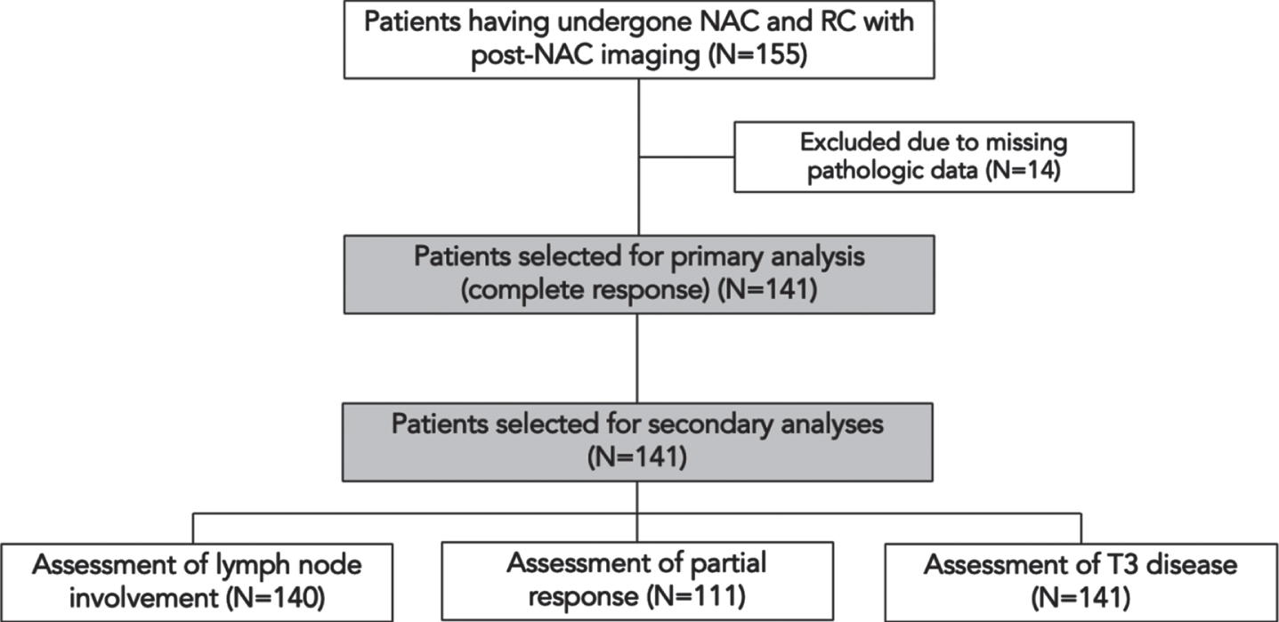 CONSORT diagram of patients having undergone neoadjuvant chemotherapy (NAC) followed by radical cystectomy (RC) with available post-NAC imaging (N = 155).