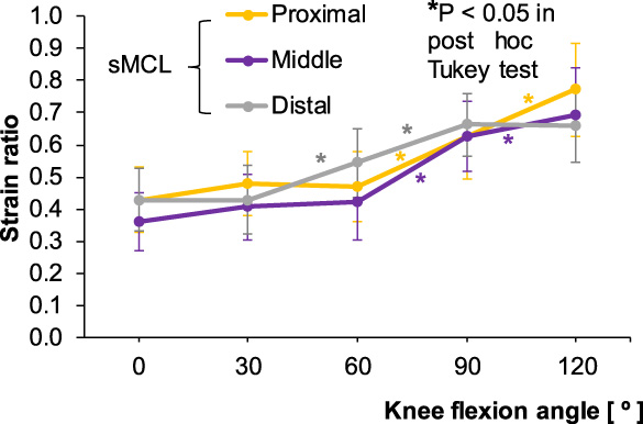 Strain ratios for the proximal, middle, and distal portions of the superficial medial collateral ligament (sMCL) according to knee flexion angle. The asterisk colors correspond to the three ligament portions.