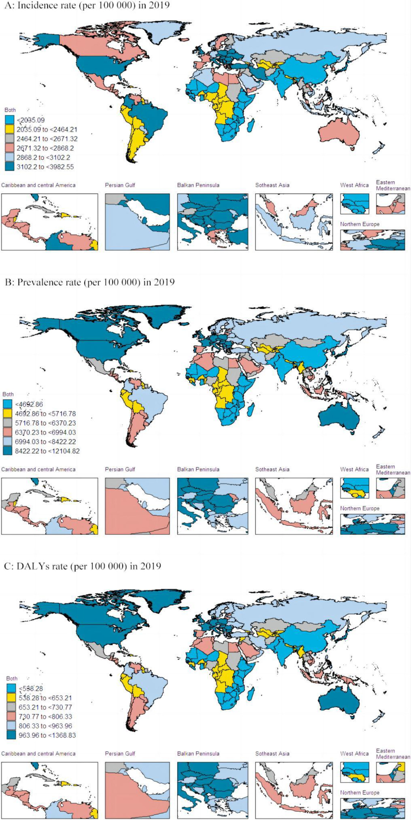 Incidence rates, prevalence rates and DALYs rates of low back pain by country in 2019.