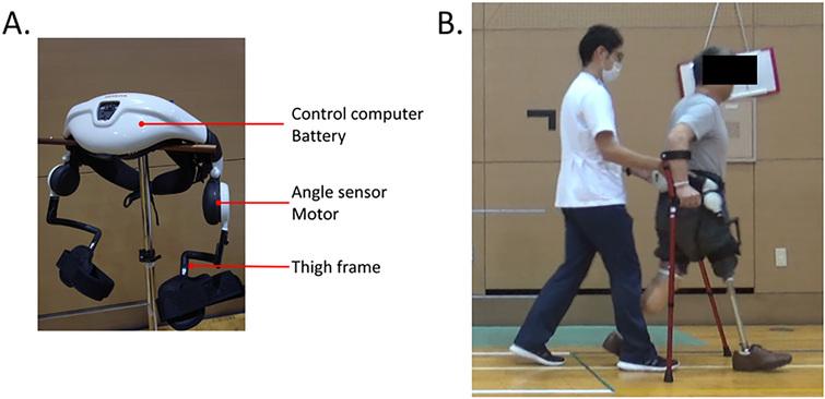 (A) The Honda Walking Assist Device® (HWA). (B) Gait training with the HWA.