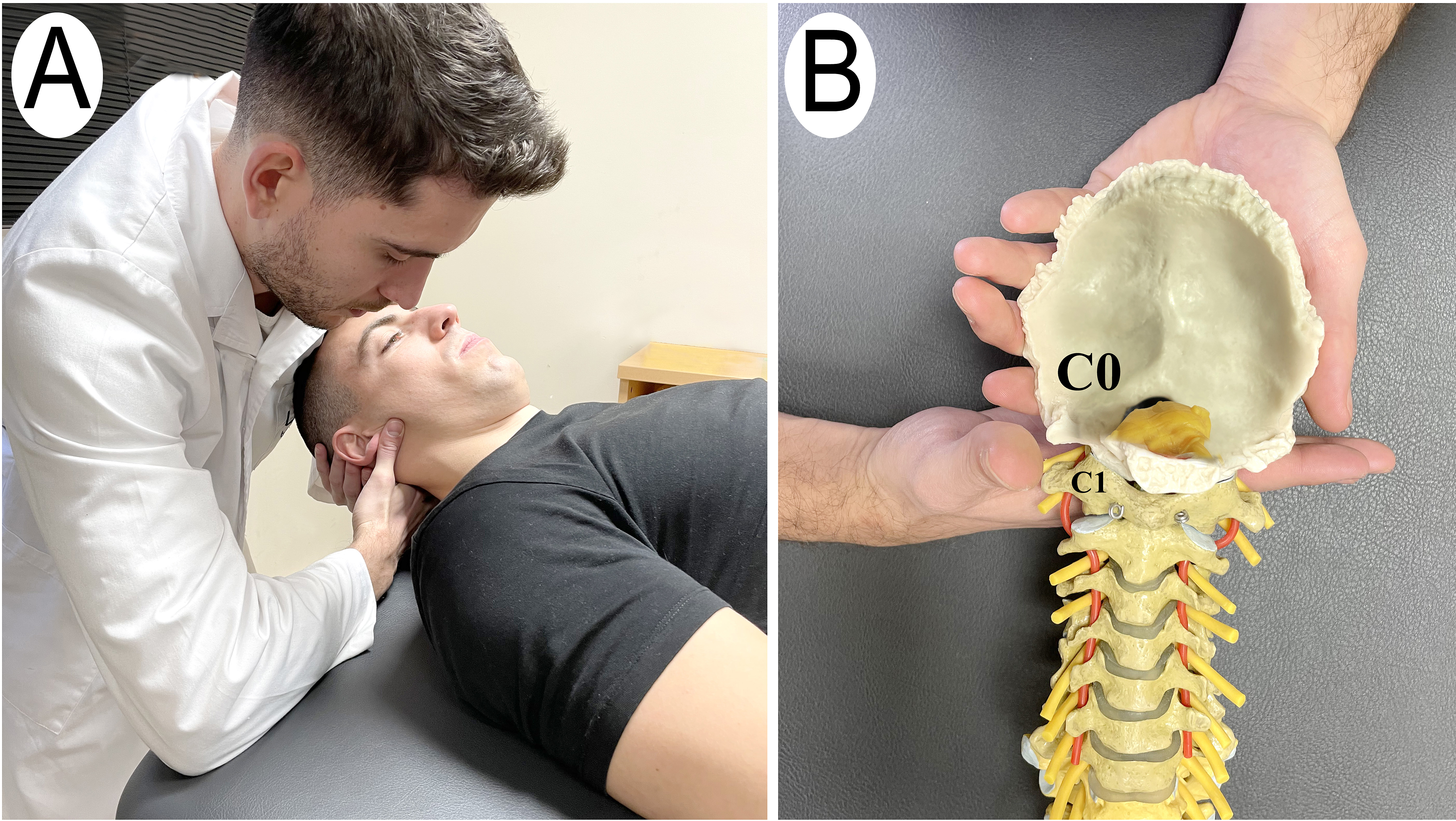 Manual therapy C0-C1 group. A) C0-C1 dorsal gliding manual therapy technique. B) Model technique.