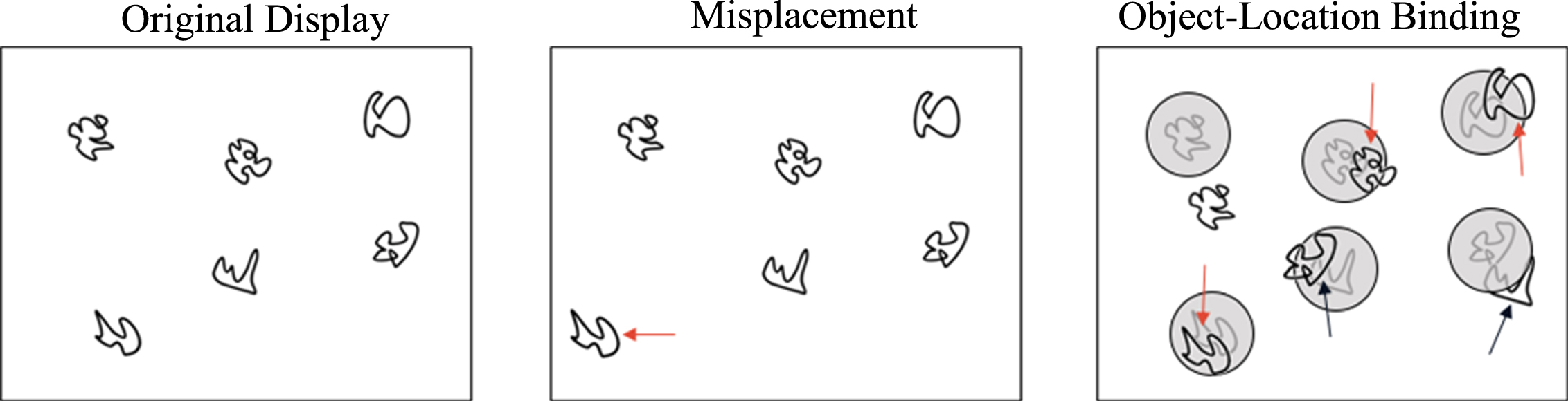 Misplacement was calculated as the average distance (in pixels) between the original and reconstructed location. Object-binding location was defined as the number of times the participant correctly placed a figure within a pre-defined radius of its original location.