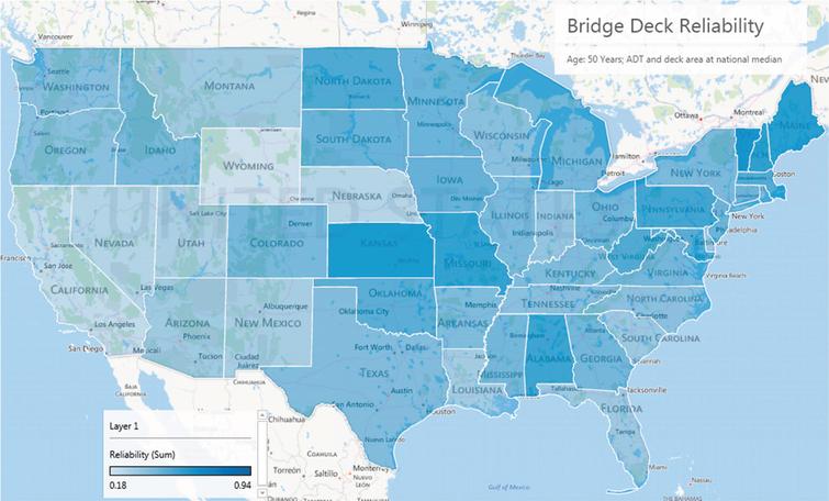 Bridge deck reliability in various states at the age of 50 years – ADT and deck area at national median values.