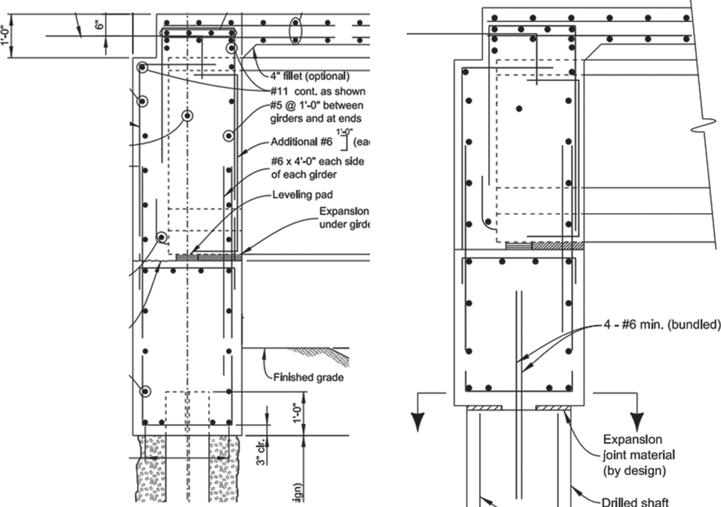 CDOT integral abutment details for H piles (left) and drilled shafts (right) [18].