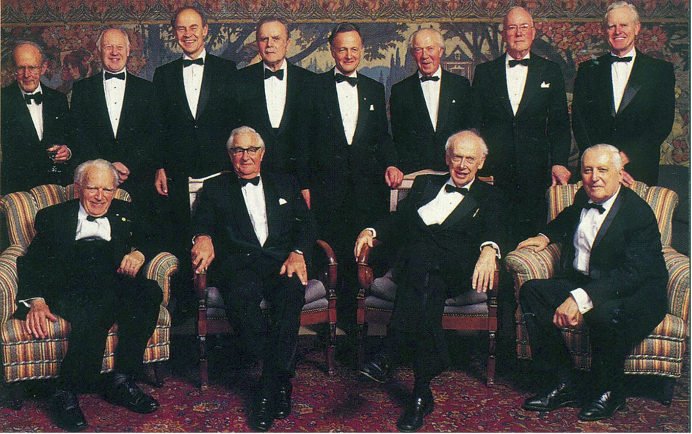 A celebration of Minds. Seated, from left to right: Gerhard Herzberg (Canada, Chemistry, 1971), George Porter (UK, Chemistry, 1967), James Watson (US, Medicine, 1962), Ilya Prigogine (Belgium, Chemistry, 1977). Standing, from left to right: Max Perutz (UK, Chemistry, 1962), Michael Smith (Canada, Chemistry, 1993), Dudley Herschbach (US, Chemistry, 1986), Bertram Brockhouse (Canada, Physics, 1994), John Polanyi (Canada, Chemistry, 1986), Christian de Duve (Belgium, Medicine, 1974), Charles Townes (US, Physics, 1964), Henry Kendall (US, Physics, 1990) (personal photograph). (Colors are visible in the online version of the article; http://dx.doi.org/10.3233/BSI-150118.)