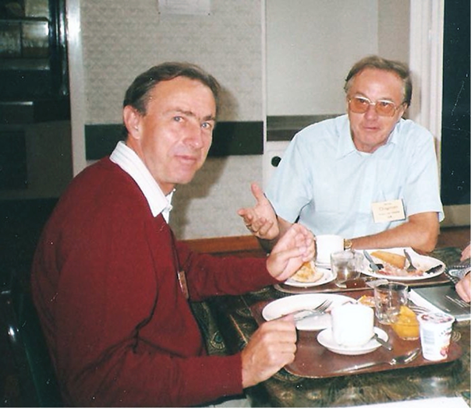 The author (on the left) in discussion with Dennis Chapman (on the right) over breakfast at the 1987 ECSBM Conference in Freiburg, Germany (personal photograph). (Colors are visible in the online version of the article; http://dx.doi.org/10.3233/BSI-150118.)