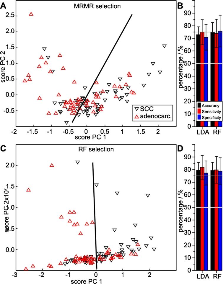 Performance of spectral features extracted with the MRMR (A, B) and the RF method (C, D) to differentiate SCC from adenocarcinoma patients, determined with LDA and RF classifiers. The PCA score plots (A, C) visualize a qualitative separability, whereas the quotient ratios (B, D) quantify average MCCV results.