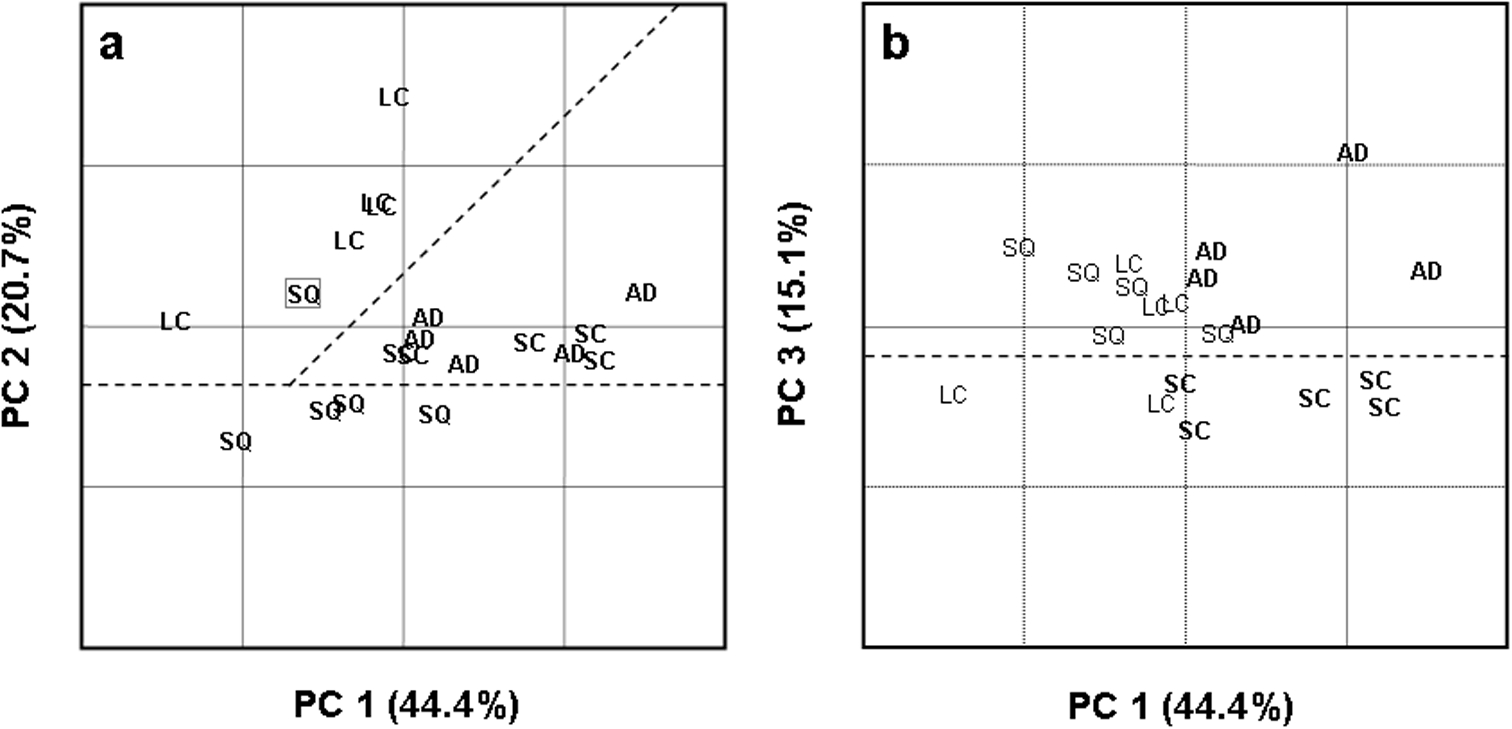 PCA score plots for PCs 1 and 2 (a) and PCs 1 and 3 (b) of the Raman spectra of normal (CT), adenocarcinoma (AD), squamous cell carcinoma (SQ), large cell carcinoma (LC), and small cell carcinoma (SC). (Reproduced from reference [19].)
