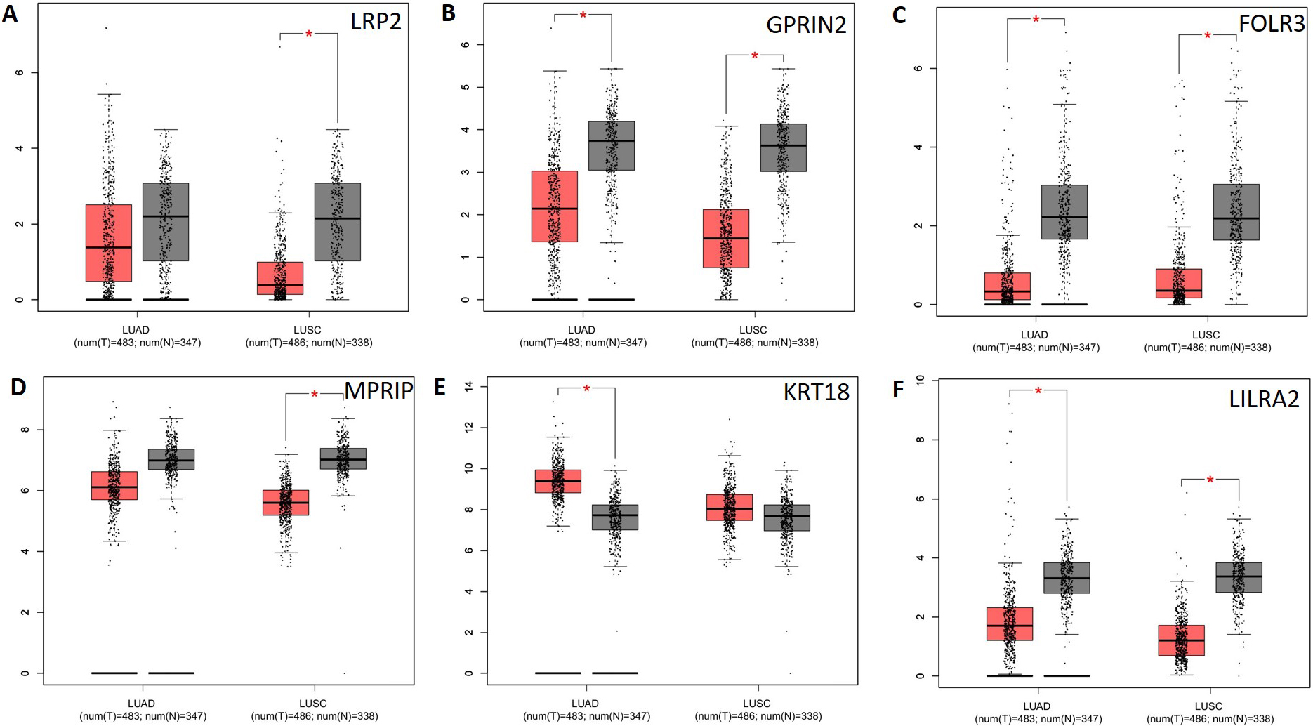 Analysis of potential key genes expression level in NSCLC patients. The red and gray boxes represent cancer and normal tissues, respectively. (A) LRP2; (B) GPRIN2; (C) FOLR3; (D) MPRIP; (E) KRT18 and (F) LILRA2; LUAD: Lung adenocarcinoma; LUSC: Lung squamous cell carcinomas.