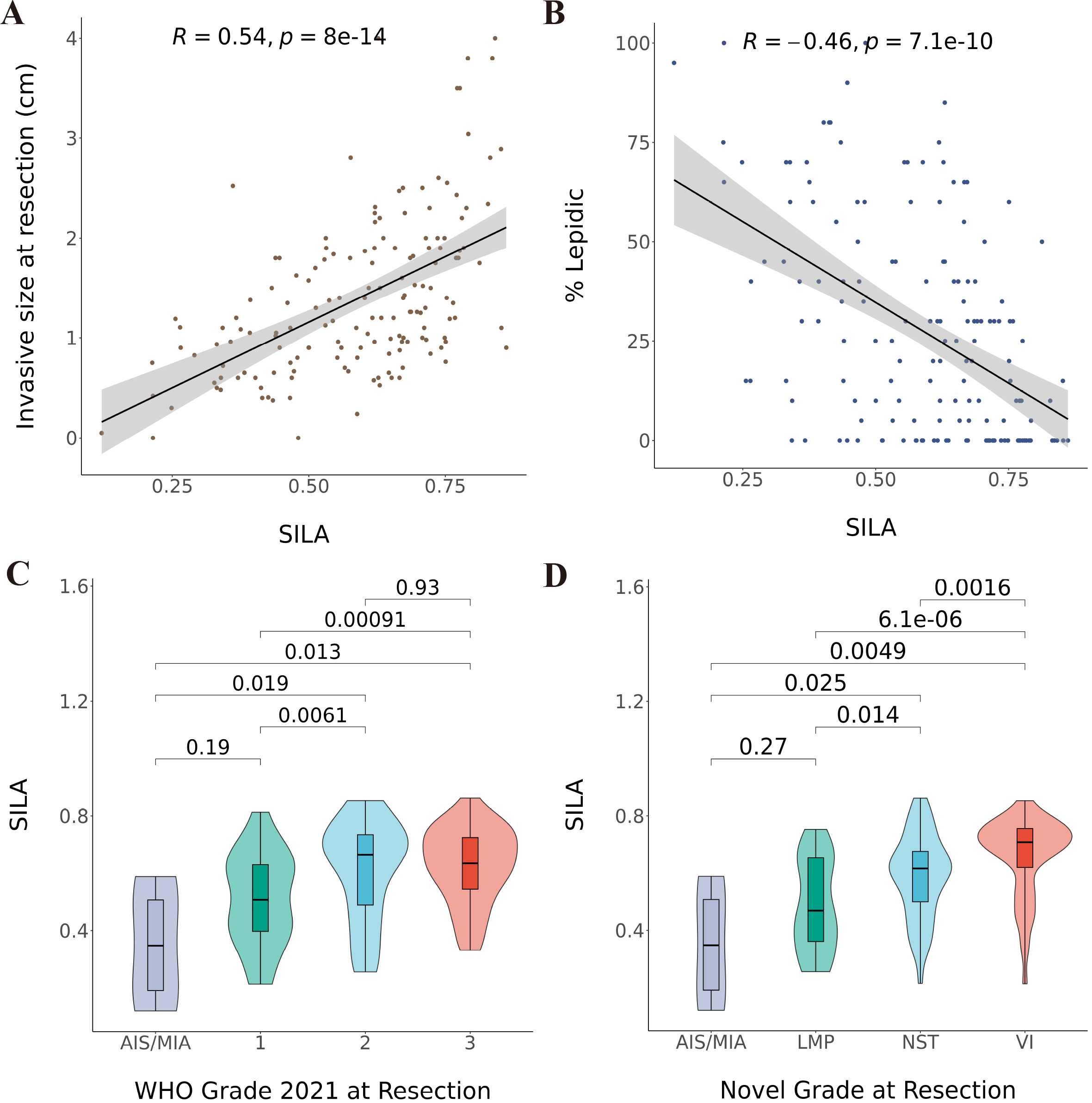 The SILA is associated with pathologic grade at resection. (A) The SILA correlation with invasive size at resection. (B) The SILA correlation with percentage of lepidic growth pattern, measured at resection. (C) The SILA association with WHO 2021 grading criteria. (D) The SILA association with novel pathology grading criteria.