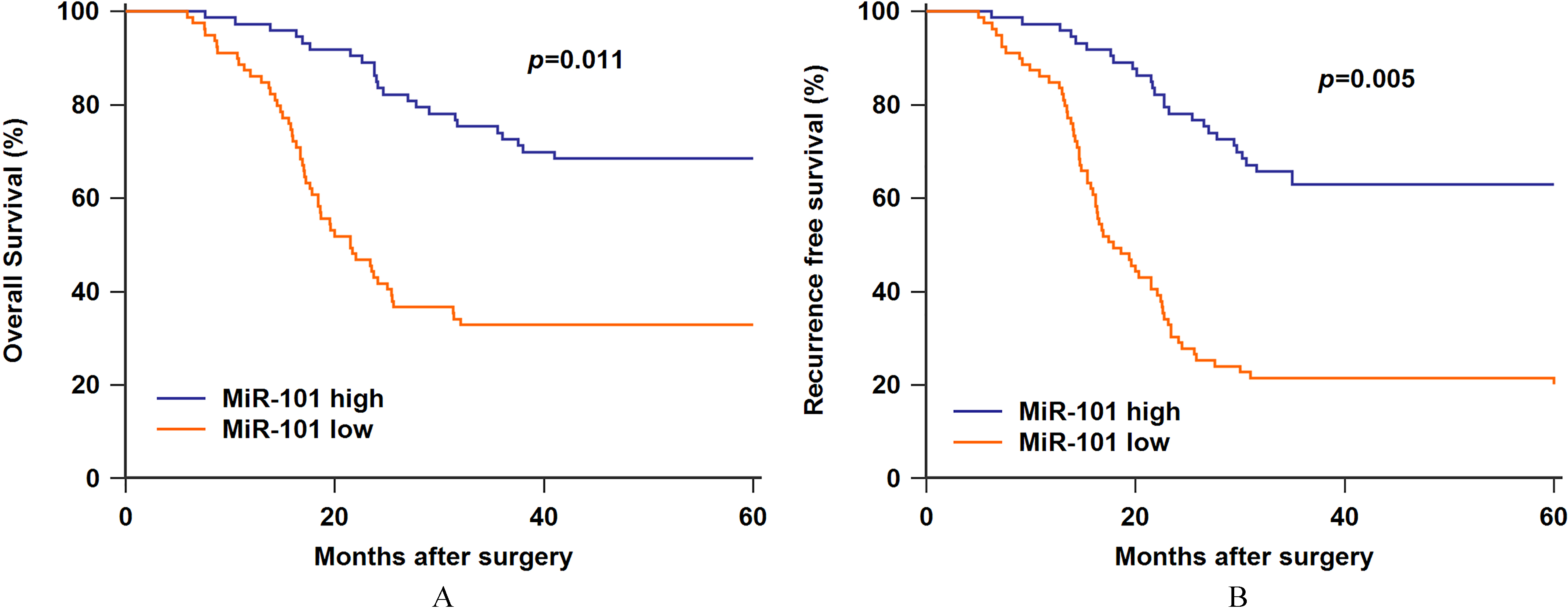 A. Low serum miR-101 expression was associated with worse overall survival. B. Low serum miR-101 expression was associated with worse recurrence free survival.