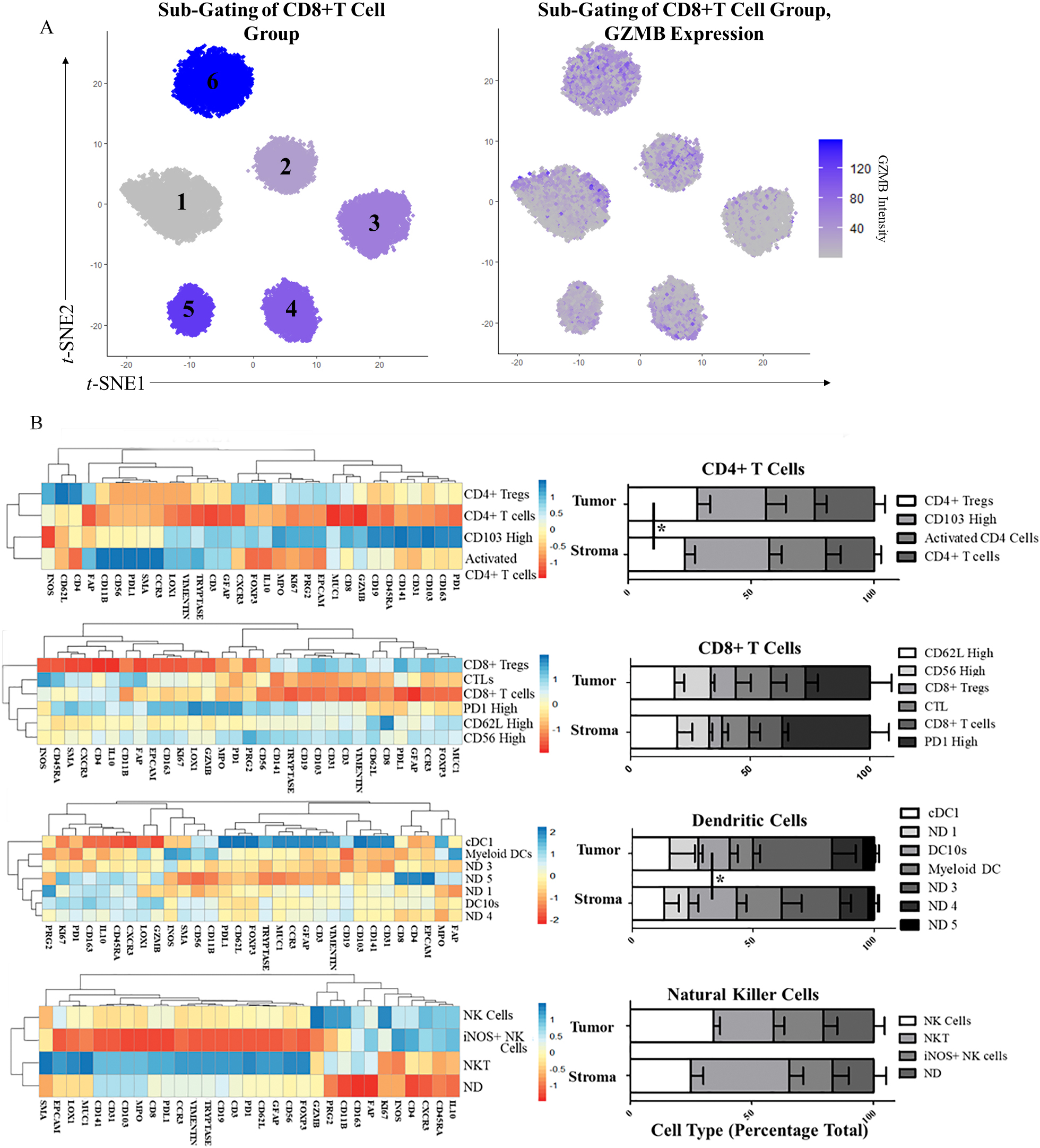 Sub-Gating of CD4+ and CD8+ T Cells, DCs, and NK cells. A) CD8+ T cell sub-gating using Louvain clustering (t-SNE plot) and GZMB distribution in CD8+ T cells (feature plot). B) Heatmaps of average marker expression in CD4+ T cells, CD8+ T cells, DC 2, and NK 2 cells. C) Stacked bar plot of CD4+ T cell, CD8+ T cell, DC 2, and NK 2 cell sub-gated cell groups in tumor and stroma regions in all patients. * =p< 0.05.