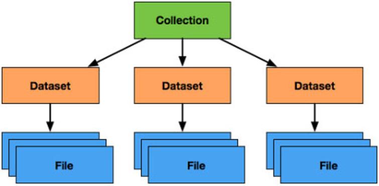 Organization of Data in the LabCAS Data Commons: collections comprise datasets which themselves comprise files; although not depicted, datasets themselves may contain nested datasets (which may contain nested datasets and so on), allowing for deep hierarchies as needed for scientific use cases.