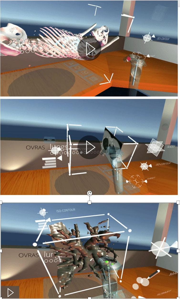Virtual reality (VR) application demonstration depicting exploration of volumetric scientific data in a three-dimensional space.