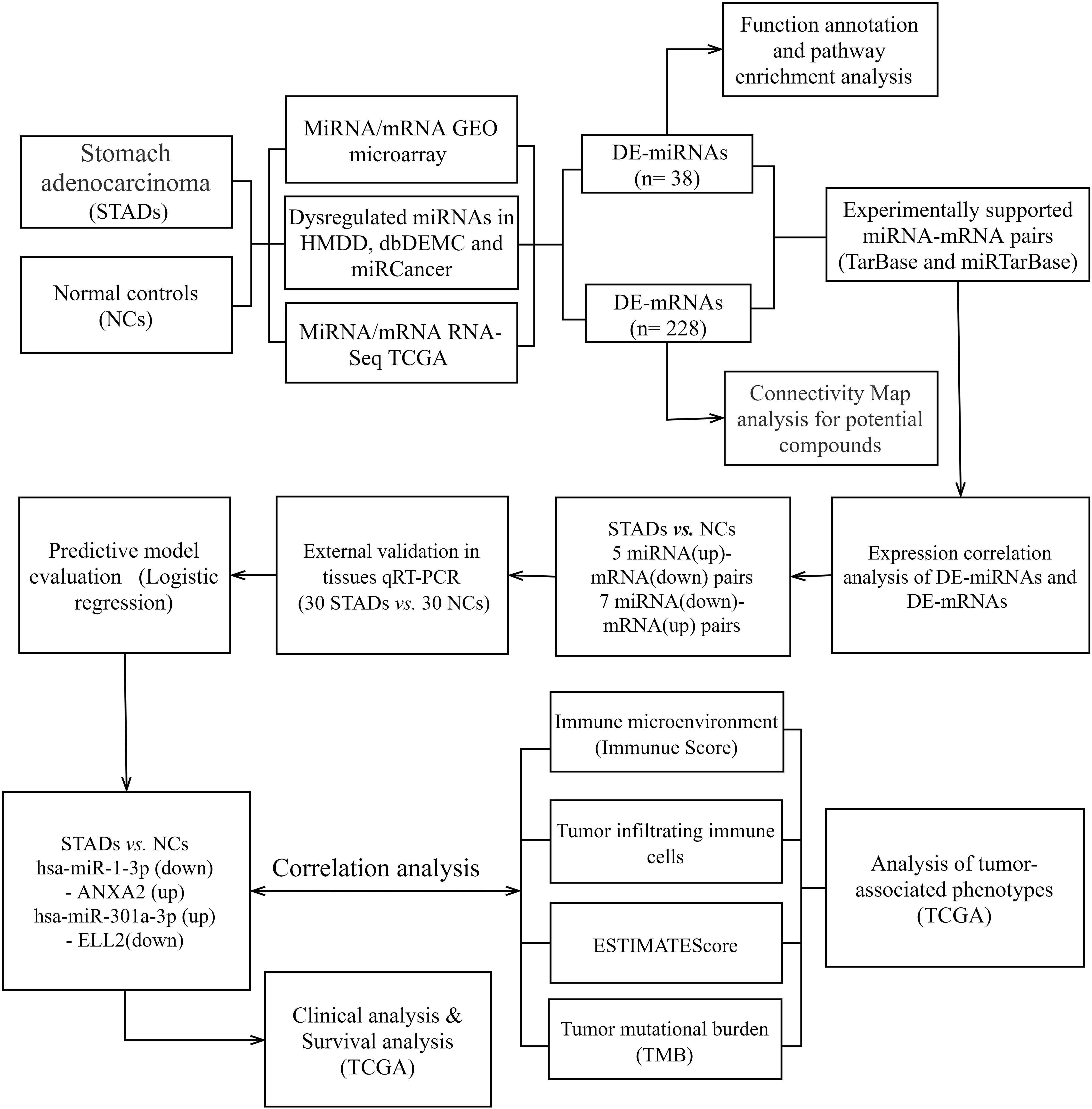 The Flow chart displayed the procedures of identifying miRNA-mRNA axes and extensive analysis for gastric cancer in this study.