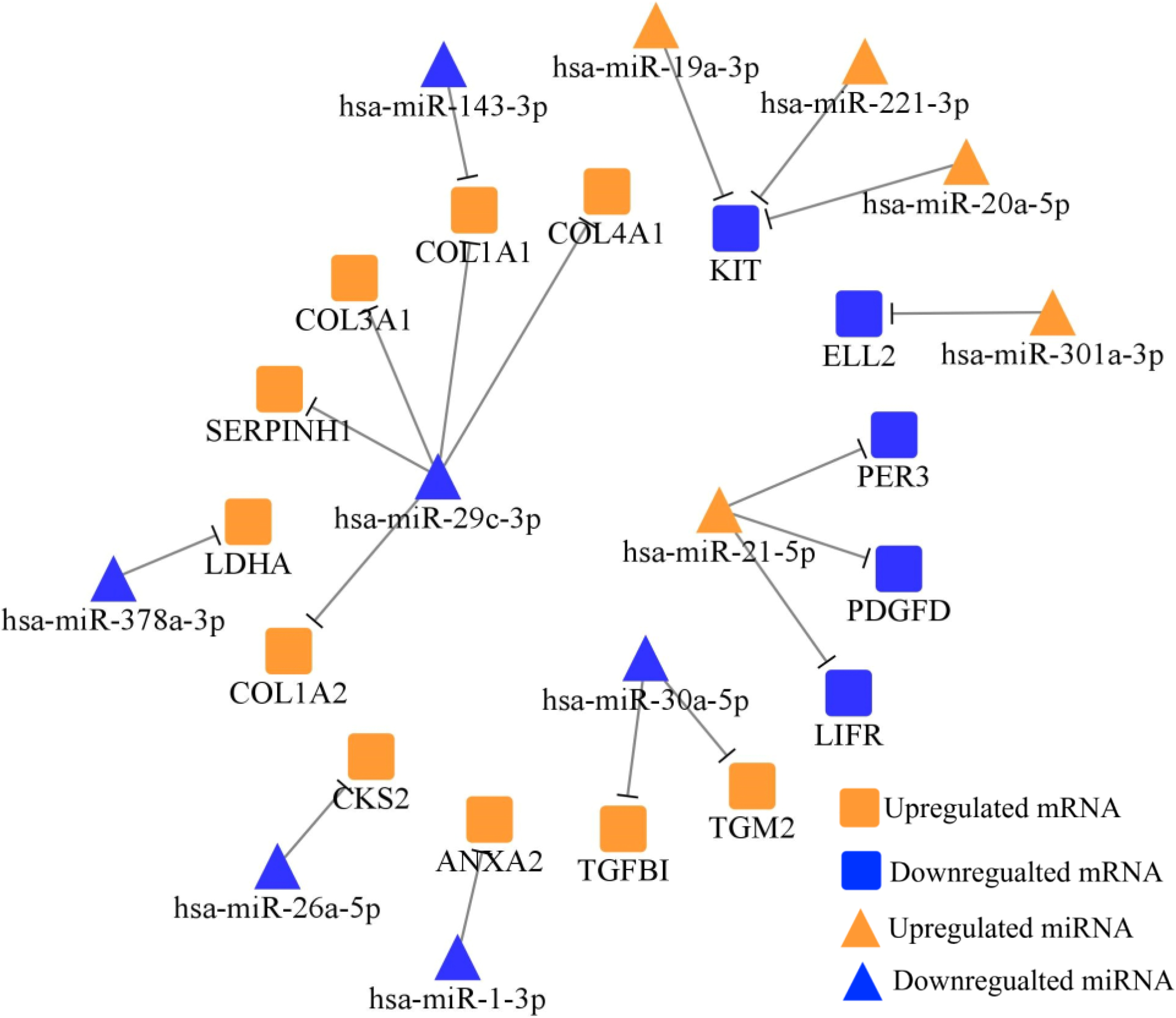 TarBase and MiRTarBase screened totally 18 negatively regulated miRNA-mRNA axes between 38 DE-miRNAs and 228 DE-mRNAs, which were plotted via Cytoscape. Orange nodes represent the upregulated miRNAs/mRNAs in STADs versus NCs, while blue nodes represent the downregulated miRNAs/mRNAs in STADs versus NCs.