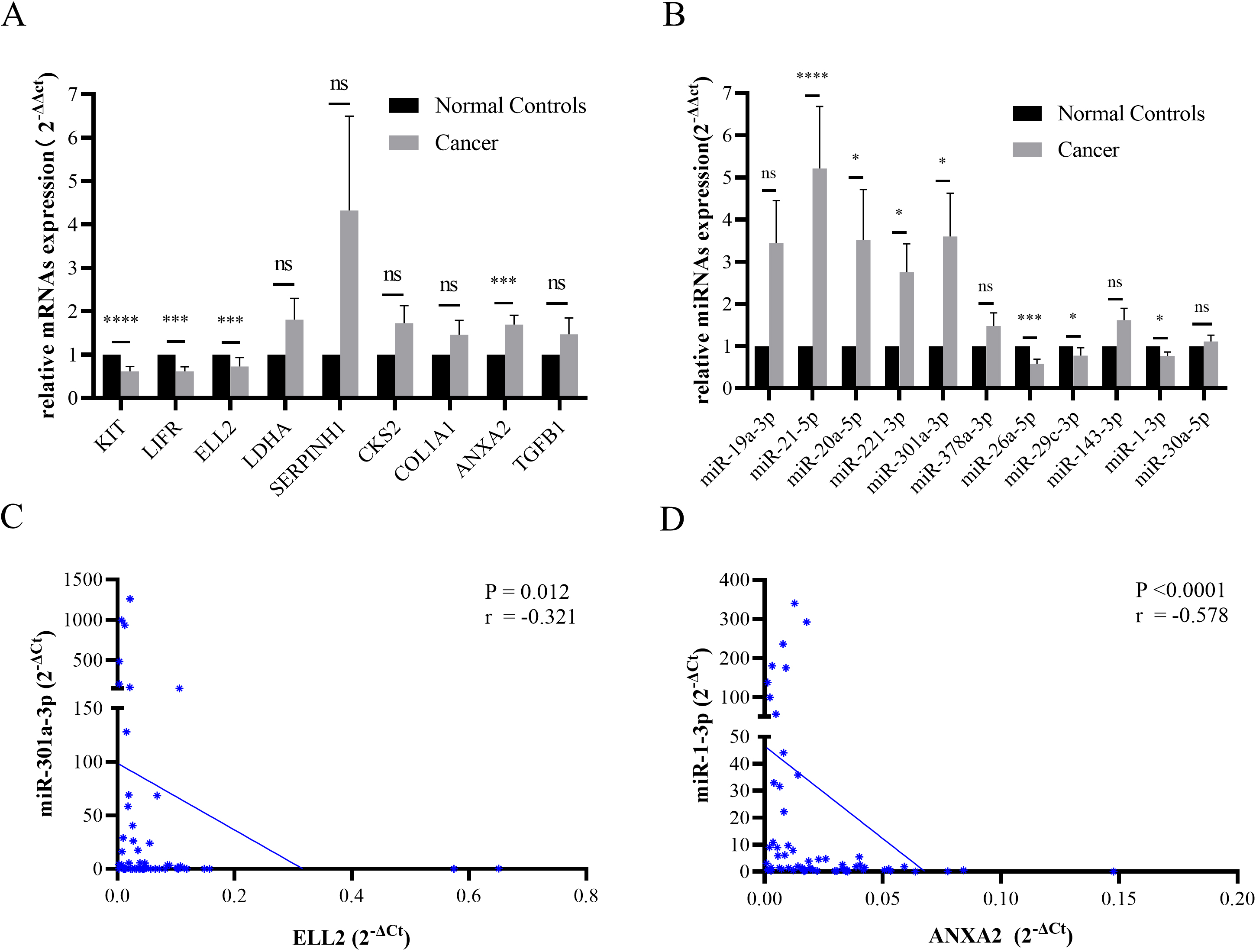 (A) The expression levels of KIT, LIFR, and ELL2 declined in STAD tissues. ANXA2 was overexpressed in tumor samples. (B) The miRNA expression level of miR-21-5p, miR-20a-5p, miR-221-3p, and miR-301a-3p were increased in STAD specimen. MiR-26a-5p, miR-29c-3p, and miR-1-3p were down regulated in STAD tissues. Data were presented as mean ± SEM. *p < 0.05, **p < 0.01, ***p < 0.001 and ****p < 0.0001 (Wilcoxon rank sum test). (C and D) The networks of miR-1-3p (down)/ANXA2 (up) and miR-301a-3p (up)/ELL2 (down) were the negatively regulated pairs verified via RT-qPCR.