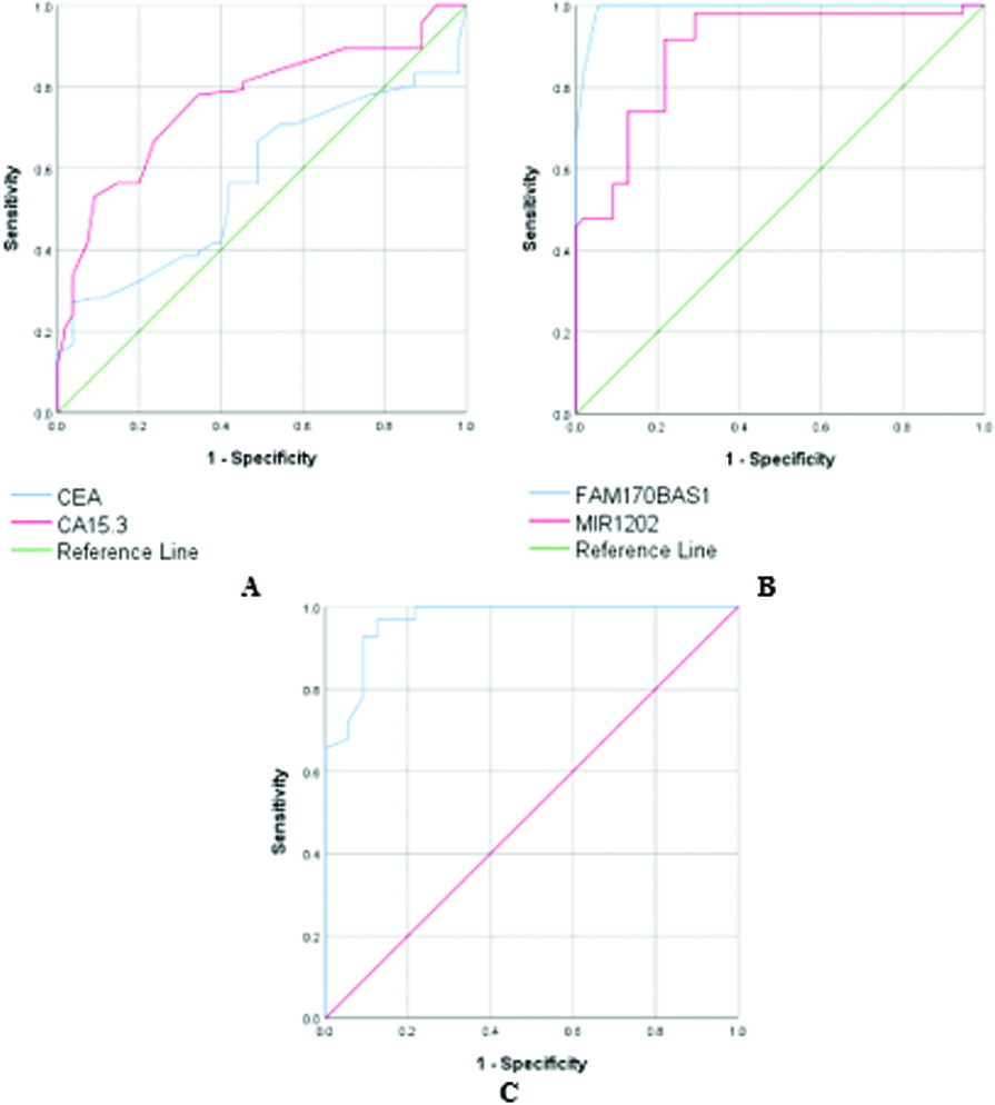 The receiver operating characteristic curve of all tested markers in BC group compared to the groups of control + benign breast diseases. A: The traditional tumor markers (CEA, CA15.3) B: FAM170B-AS1 and hsa-miR-1202, and C: hsa-miR-146a-5p.