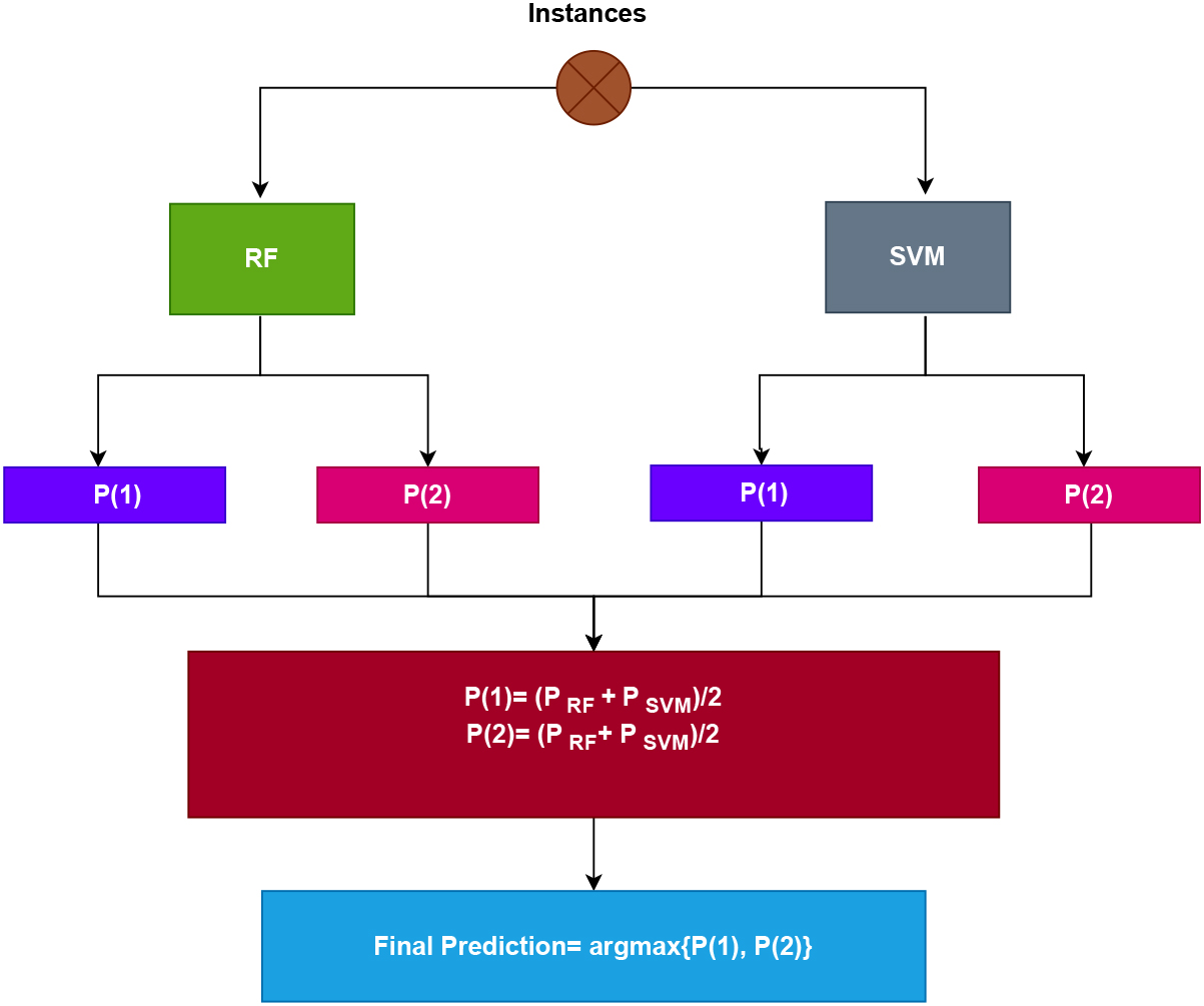 Architecture of the proposed voting classifier (RF+SVM) model.