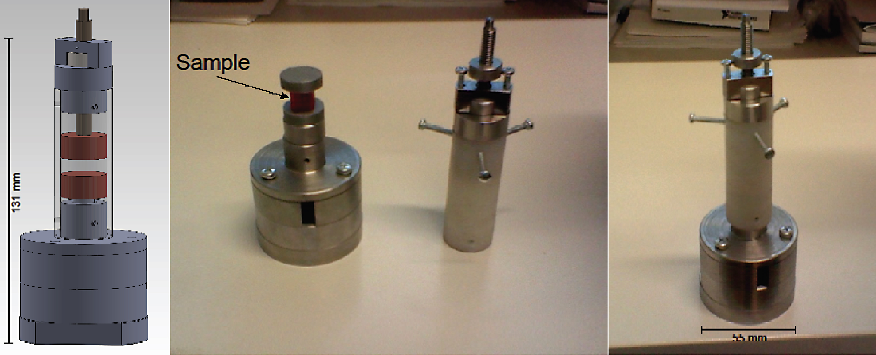 Mechanical deformation device and the sample setup within it. Drawing in the left pane shows the CAD assembly of the various components. The photographs show the fabricated device where – centre pane: location of a sample within the device, right pane: The assembled device ready to be placed in the μCT.