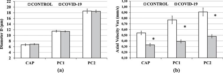 The Control Group and COVID-19 Group results are shown in white and gray columns, respectively. Column heights are mean values and black bars represent the 95% confidence interval of the mean. (a) There was no statistical difference in diameter D between groups, for capillaries (CAP), postcapillary venules of size 1 (PC1) and postcapillary venules of size 2 (PC2). (b) The average COVID-19 Group axial velocity (Vax) was 39%, 47% and 49% lower than the average Control Group Vax, in the capillaries (CAP), postcapillary venules of size 1 (PC1) and postcapillary venules of size 2 (PC2), respectively (*P < 0.001).
