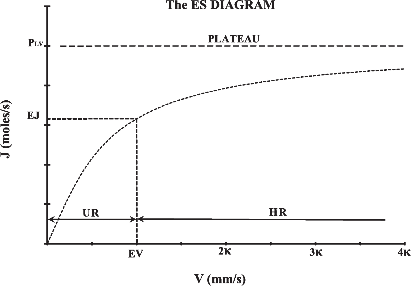 The equilibrium state (ES) diagram. The ES for a single microvessel is presented with a diagram derived from the “velocity-diffusion (V-J) equation” [6]. The independent variable V is the axial blood velocity inside the microvessel and J is the diffusion mass rate for each small molecular weight solute in the blood. Kappa (κ) is the velocity constant and PLV is the plateau value of J. At the equilibrium state the local metabolic demand is constant and so is the mass diffusion rate J for each substance. According to the V-J equation, it can be considered that the equilibrium mass diffusion rate (EJ) corresponds to an equilibrium axial blood velocity (EV). The equilibrium velocity (EV) at normal resting conditions, was taken here as equal to the velocity constant (κ). Axial velocities lower than the equilibrium velocity EV are inside the “underemic range” (UR) of velocities. Axial velocities higher than the equilibrium velocity EV are inside the “hyperemic range” (HR) ofvelocities.