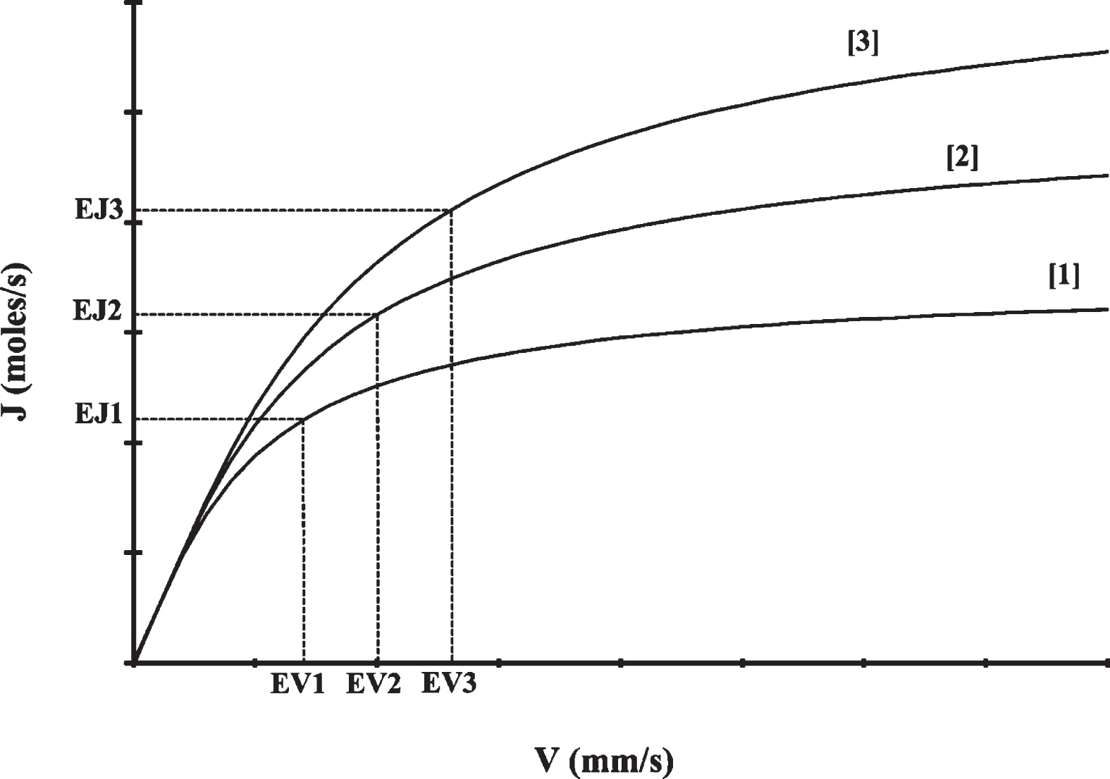 The velocity-diffusion (V-J) curves for 3 different microvessels with the same diameters. EV1, EV2 and EV3 are equilibrium axial blood velocities of microvessel 1, 2, and 3, respectively. EJ1, EJ2 and EJ3 are equilibrium mass diffusion rates of microvessel 1, 2, and 3, respectively.