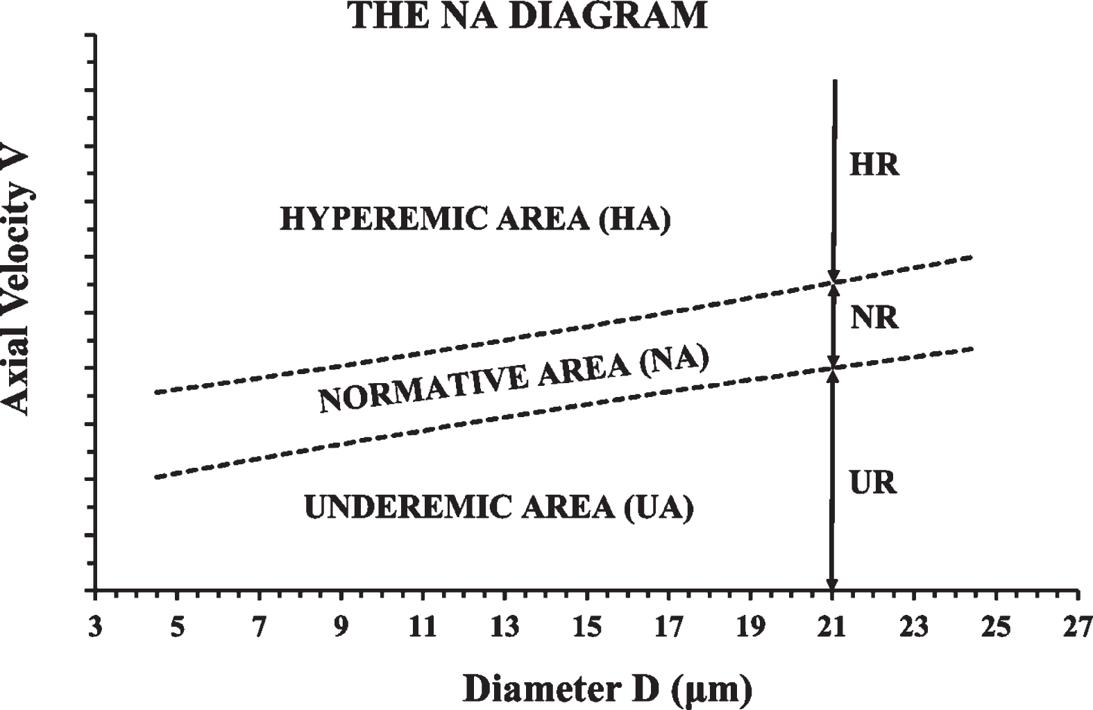 The normative area (NA) diagram. The NR, UR, and HR described in the previous figure (Fig. 3), are shown here, for the case of D = 21μm. Instead of calculating the NR for each diameter separately, the confidence interval of the V-D trendline can be used to define a “normative average axial velocity area” or “normative area” (NA) in short. The normative (or normemic) area (NA) is shown here between the two dashed lines. Velocities below the normative area are inside the “underemic area” (UA) of the diagram and velocities above the normative area are inside the “hyperemic area” (HA) of the diagram.