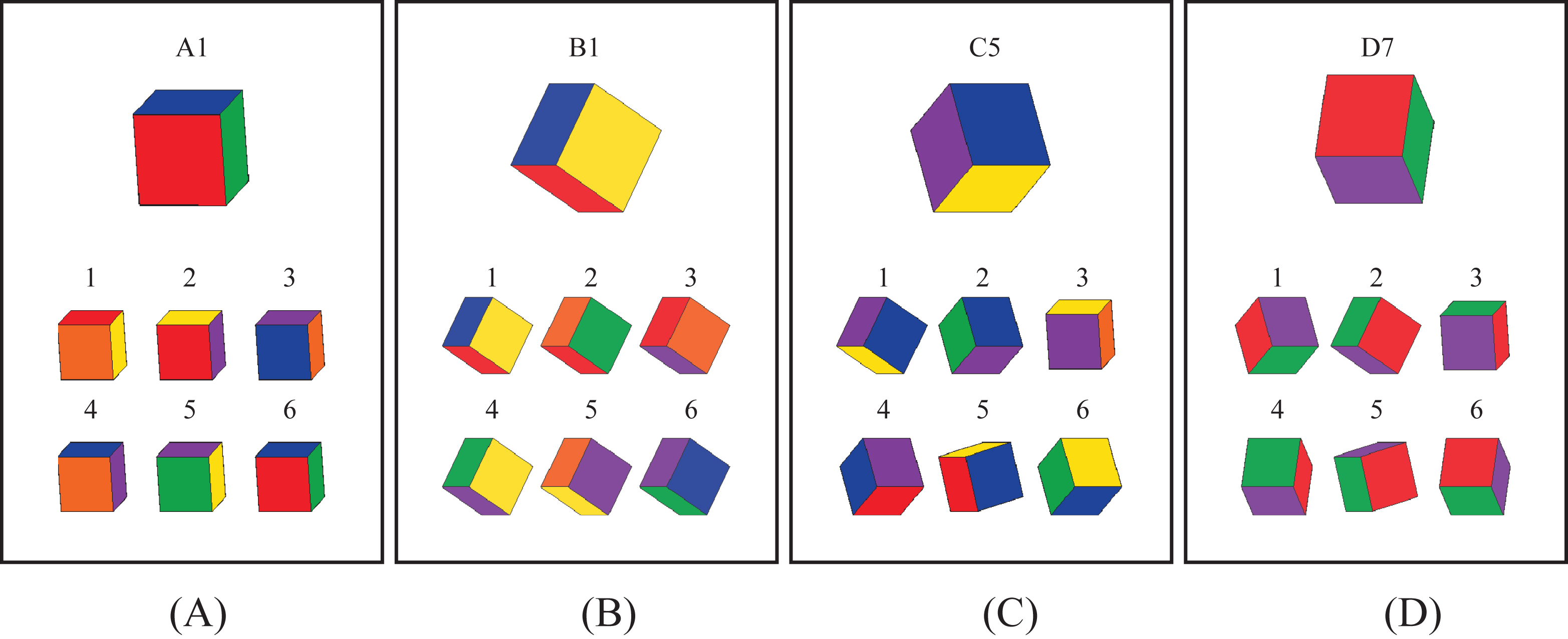 Examples of Task Sheets. RCCT A: differently coloured cubes identical in orientation (the correct test cube is on lower row furthest to the right). RCCT B: differently coloured cubes identical in orientation, but in a non-canonical view (correct cube is in the upper row, furthest to the left). RCCT C: rotational variance between distracter cubes (the correct cube is in the upper row, furthest to the left). RCCT D: rotational variance between distracter cubes, but all cubes have the same colours (the correct cube is in the lower row in the middle).