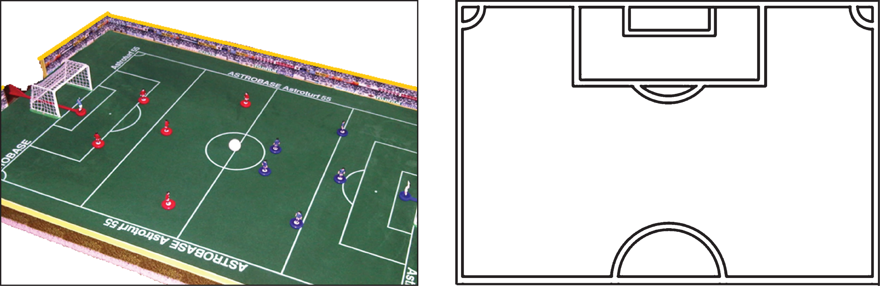 Left: Subbuteo game, Right: Drawing Sheet. The Subbuteo game was used to explain the offside rule to 7- and 9-year-old children. Children were drawing the offside position with pin men as often as required until they could create a correct depiction of the offside position. Achieving a correct drawing of the offside position was the criterion to be admitted to the offside rule computer task.