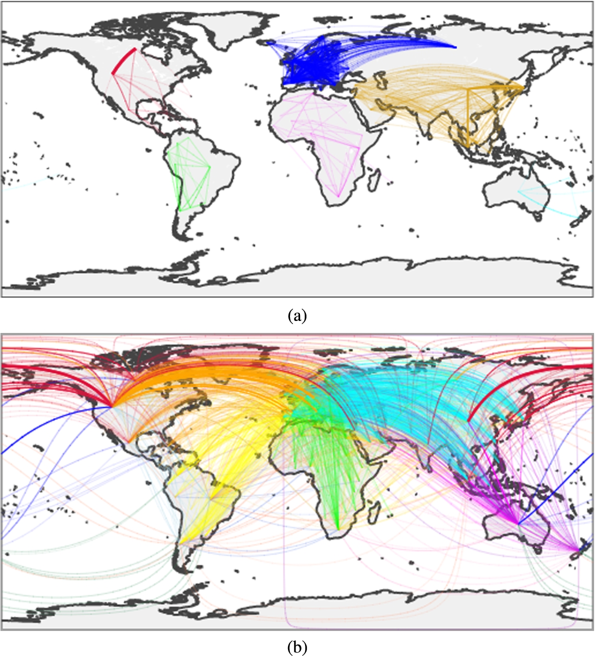 Intracontinental (a) and intercontinental (b) collaborations among countries. Edges represent a collaboration among two countries within a paper; the width of the edge represents the intensity of the collaboration, while the colour encodes the couple of continents involved. As the images are information rich, we suggest exploring them on the online notebook.