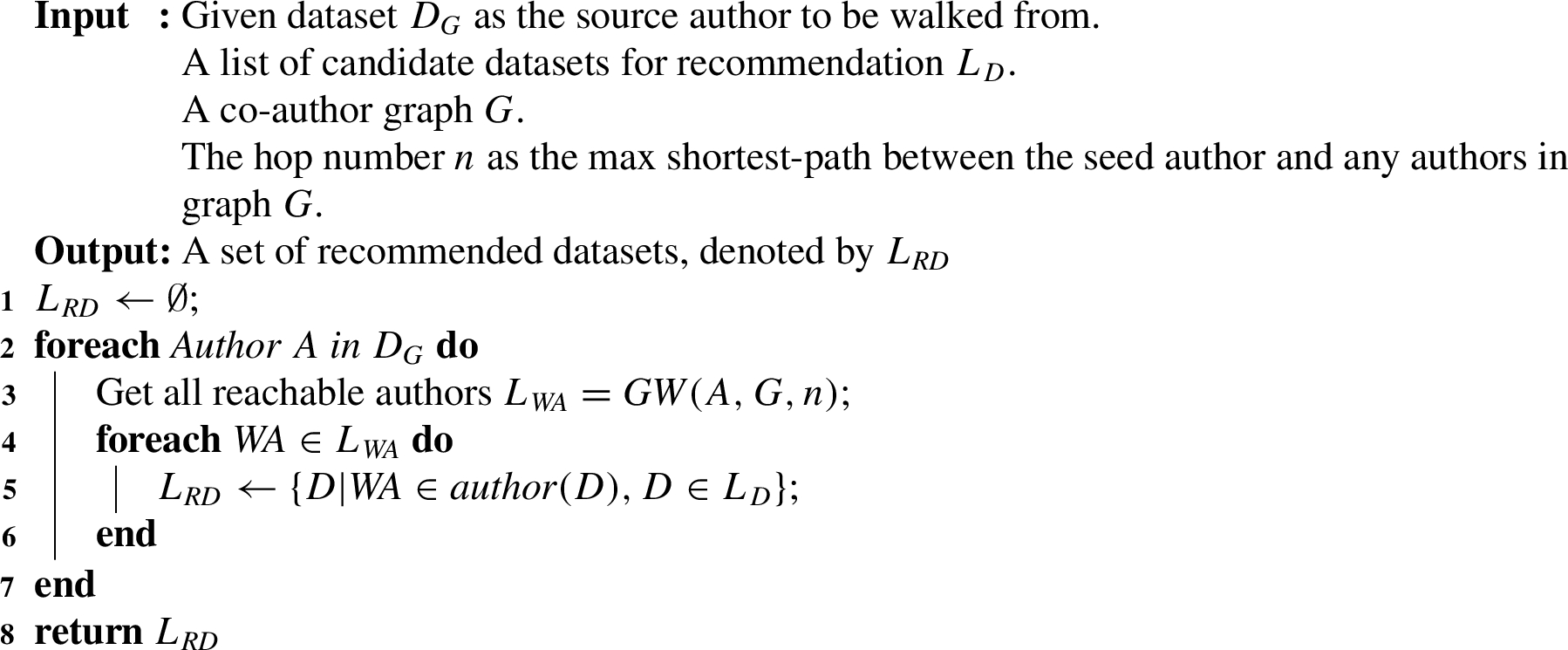 Dataset recommendation with graph walk: DRGW(DG,LD,G,n)