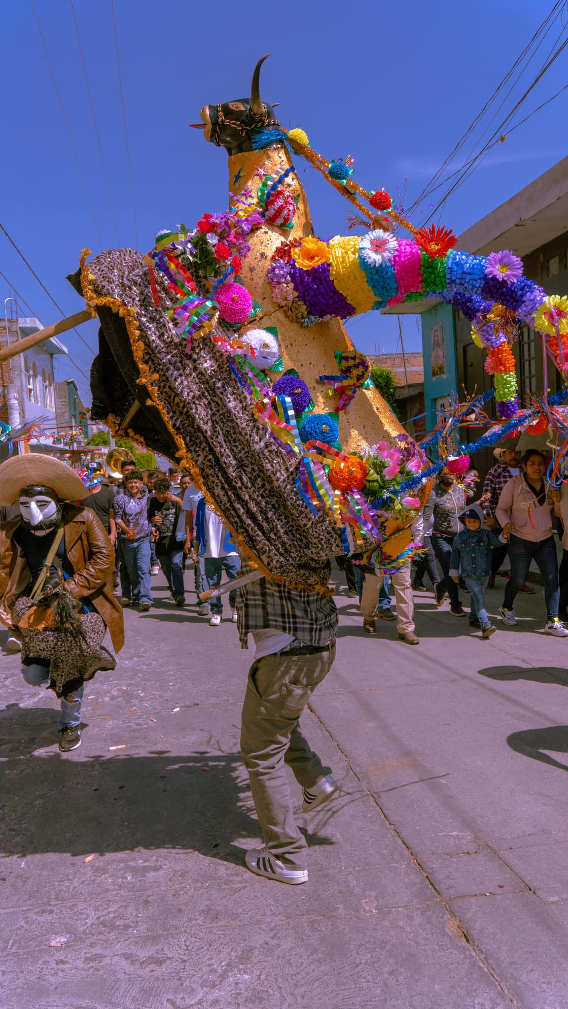 Close up of Torito de Petate. A man is underneath this object’s table-like structured base with an embellished tablecloth that hides the performer underneath. A crafted bull head is attached to one end of the structure and its table-like body is vividly and overly embellished with flowers, glitter, and streamers.1