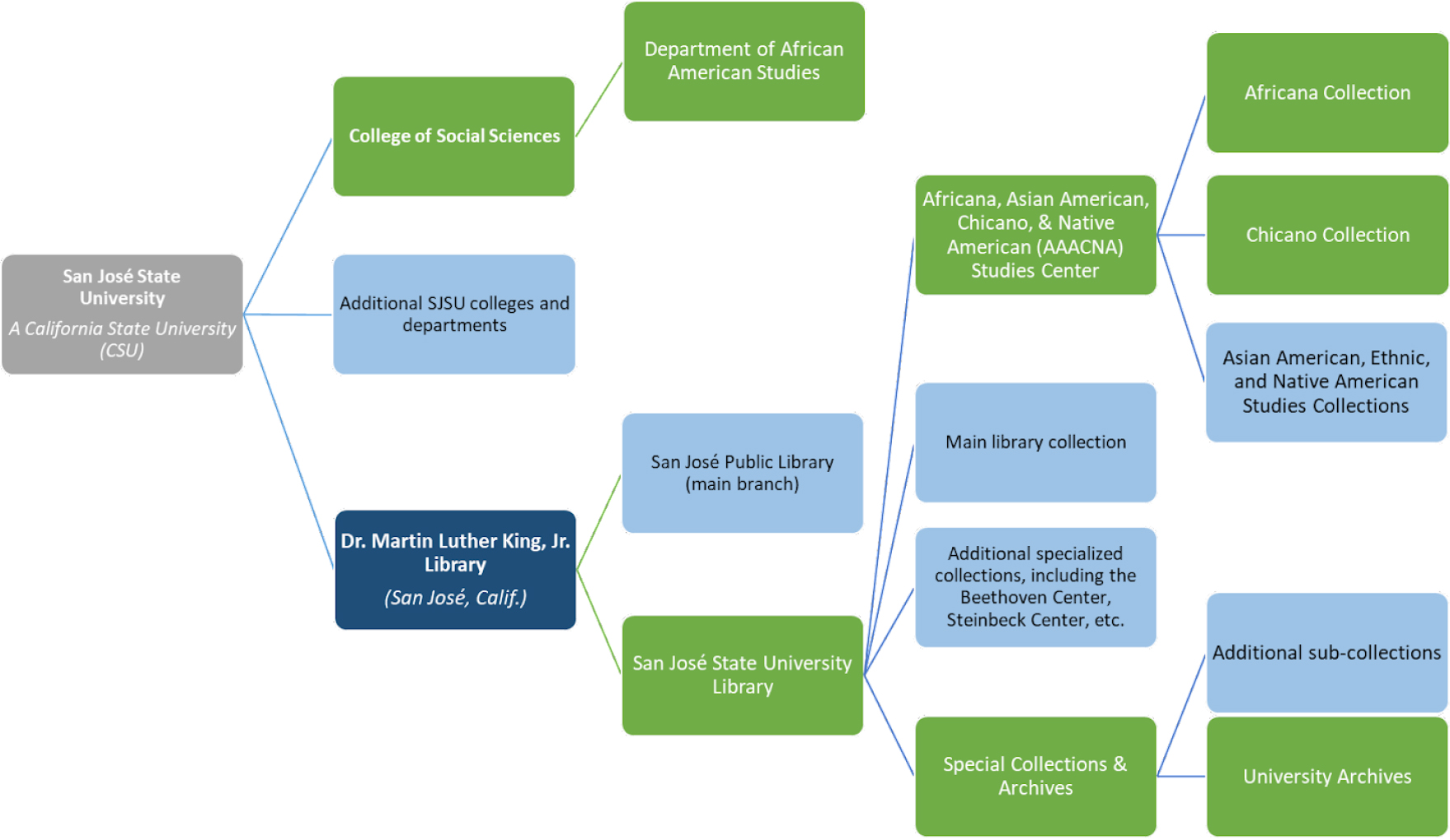 University organizational chart. Departments and collections mentioned in the article are highlighted in green in the electronic version.