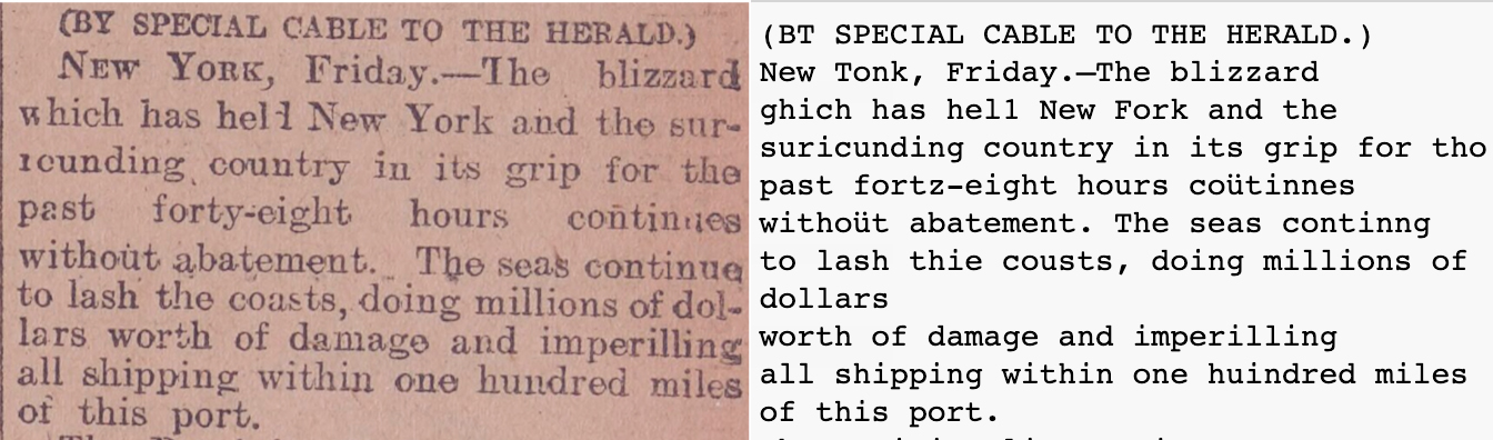A digitized crop from NY Herald and its OCRed version (including errors).
