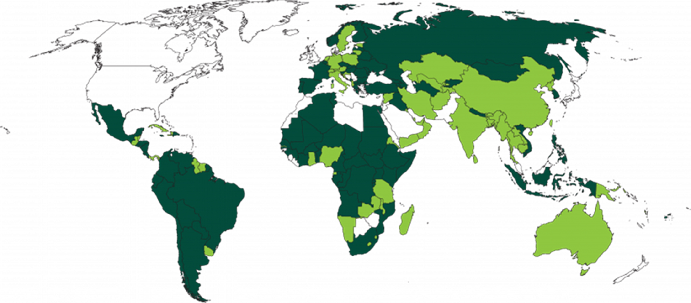 The right to a healthy environment. Dark green shows countries which have Constitutionally protected the right to a healthy environment. In light green are countries with constitutional provisions for a healthy environment.