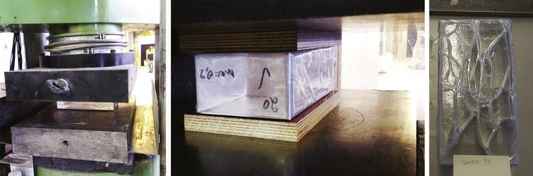 Compression tests of glass blocks. Left: Test set-up for the two first series of blocks. Middle: Test set-up for the last series of blocks. Right: Typical initial crack pattern in specimen.