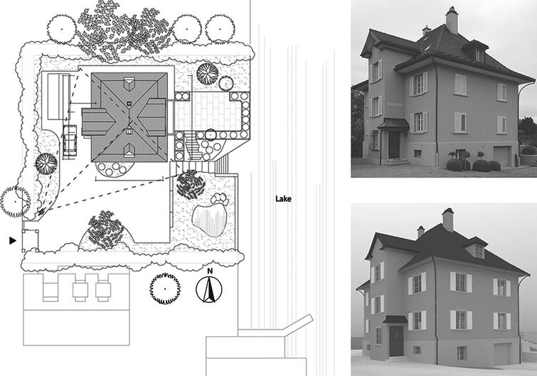 Site plan of the building ‘Seerose’ (left), photo ‘as is’ (right above) and rendering ‘as is’ (right below) with viewpoint from the garden entrance.