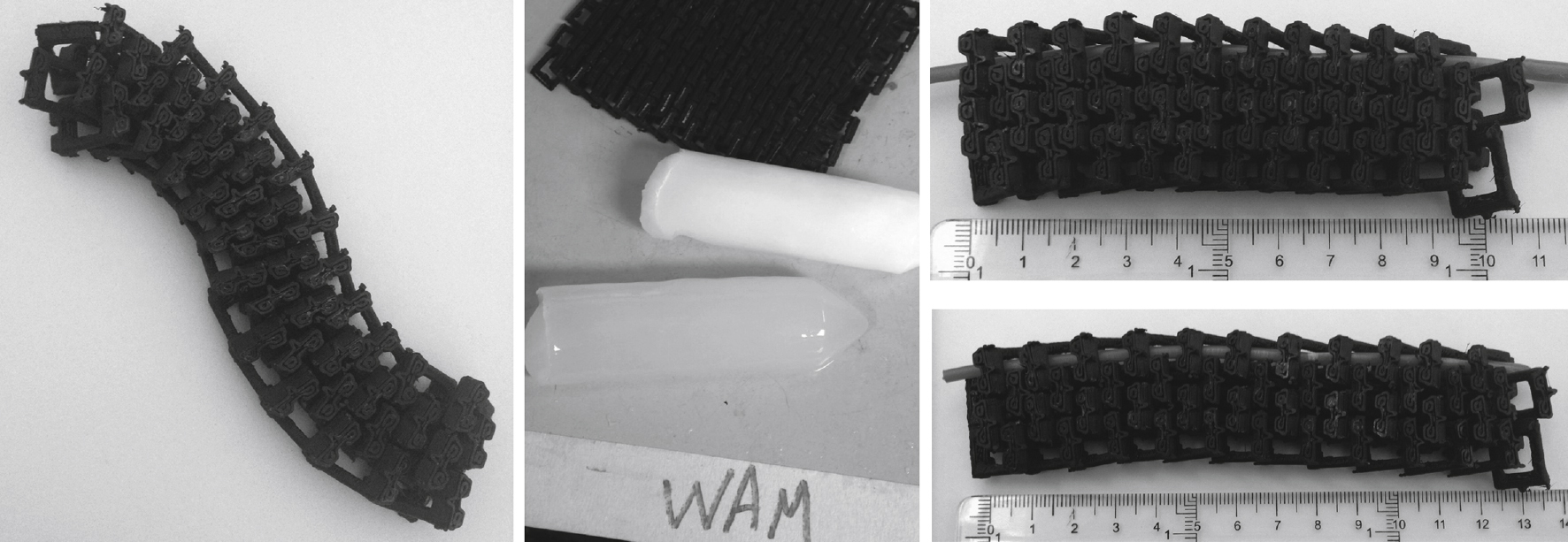 Experiments on 3D printing technologies, from left to right: 3D printed flexible chain mail, it has no motion for itself; possible joining combinations of chain mail with other sensitive materials; theoretical opening or closure of chain mail triggered through the temperature changes of sensitive plastic, it is a reactive structure with motion for itself.