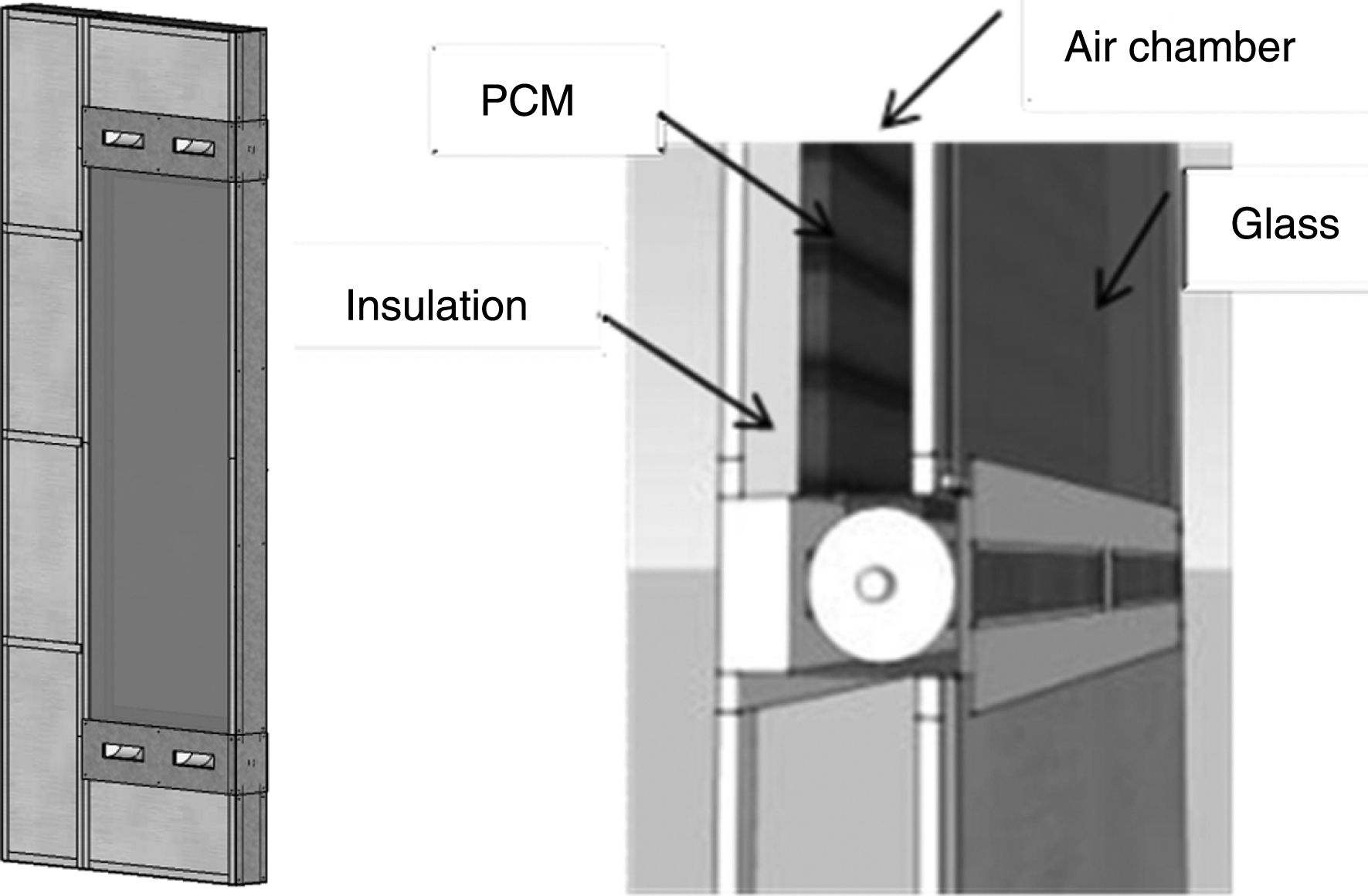 Schematic overall layout of the PCMESW system (left) and detailed cross section near the bottom air inlet (right).