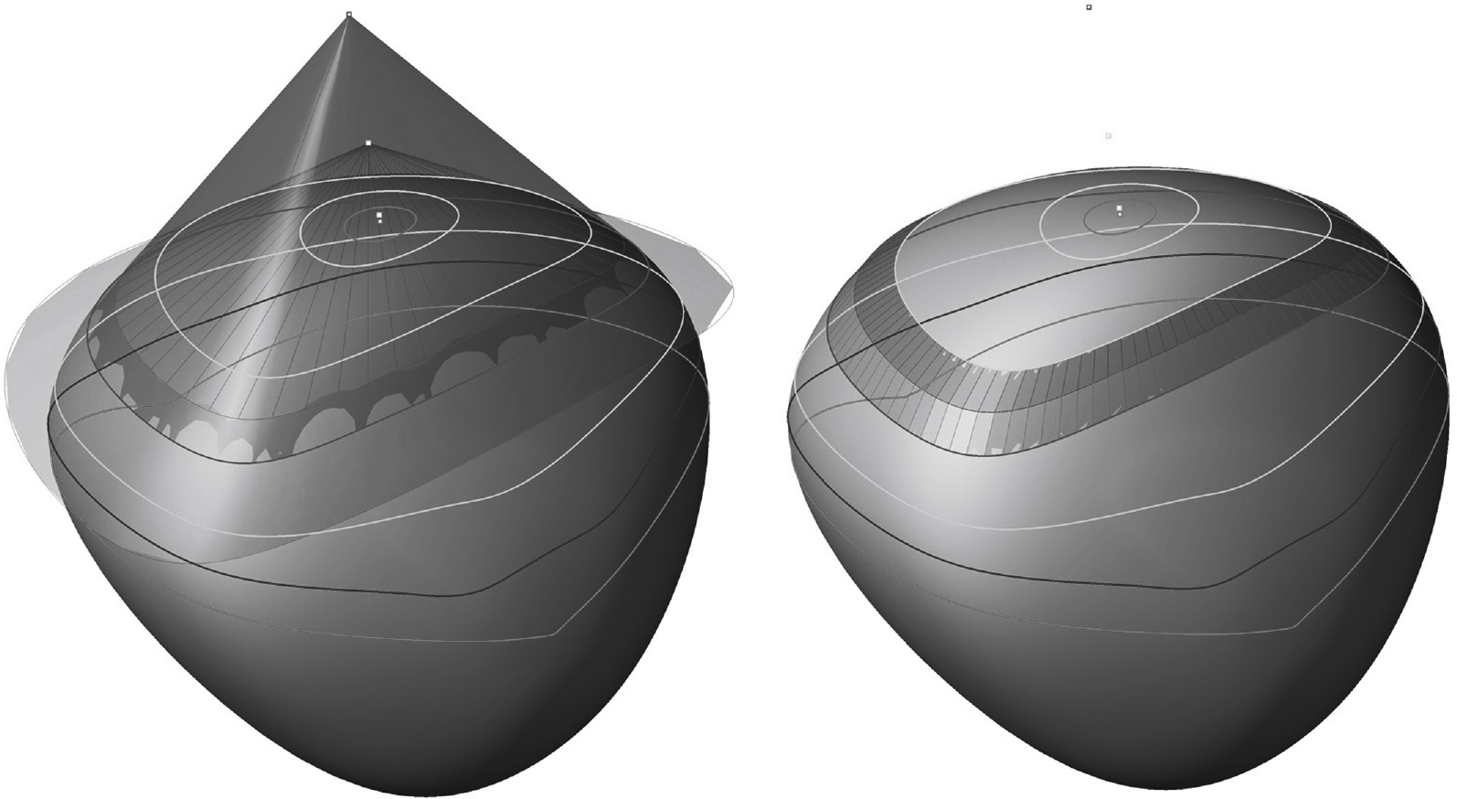 Contours obtained using proper straight trajectory, projecting conical surfaces.