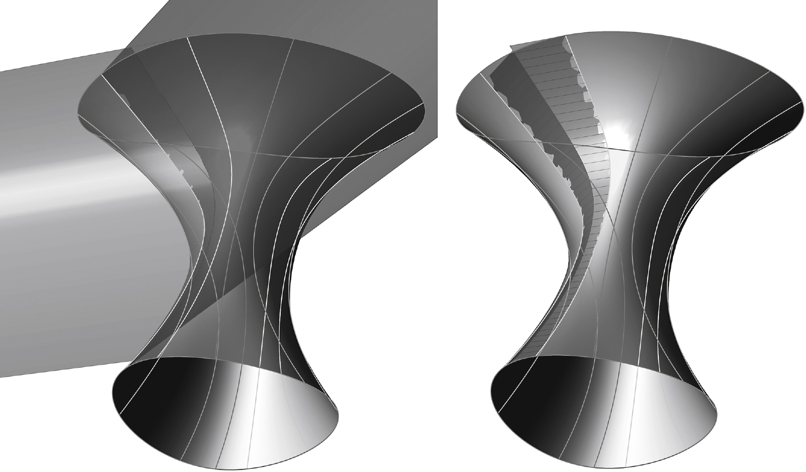 Contours obtained from improper straight trajectory. Projecting cylindrical surfaces.