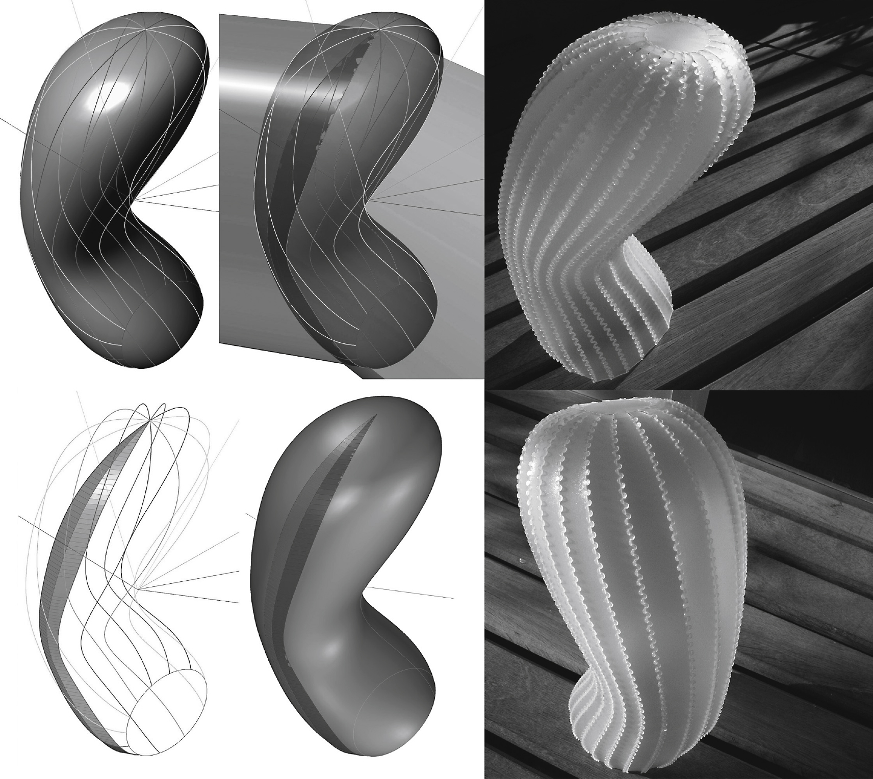 Development of freeform surface. Application of the method on a freeform surface by a straight improper trajectory. Physical model made applying the process.