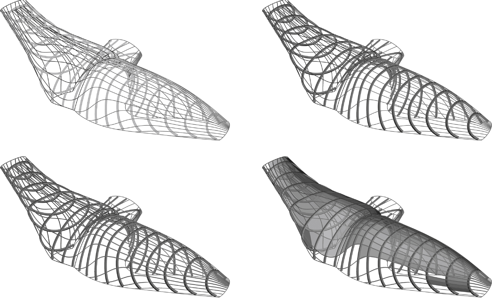 Graphic resolution of a surface that is not continuous. Contour curves arrangement, planar conjugated sections supporting principal structure and approaching to the envelopments using planar quadrilateral facets.