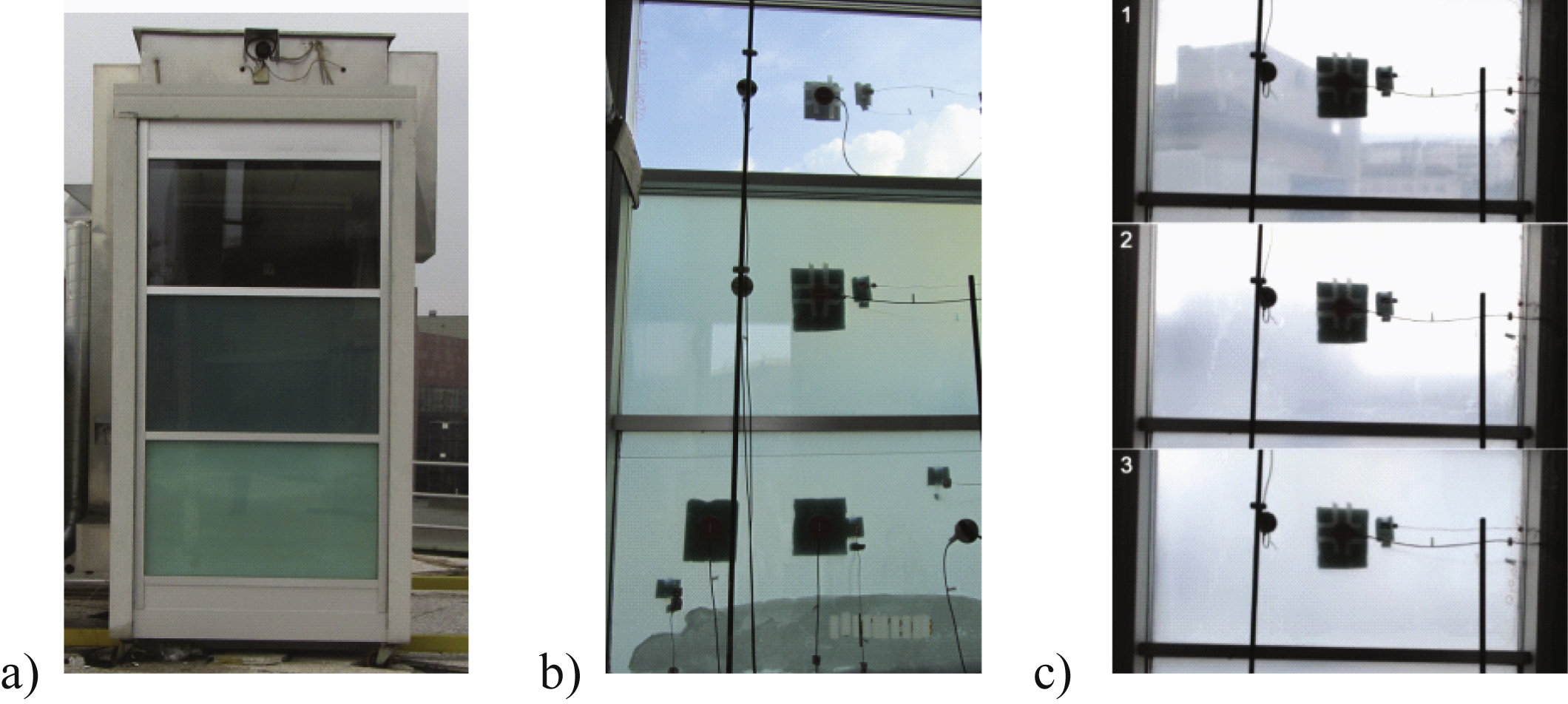 Prototypes installed in the test cell (a), PCMs partially melted in the lower glazing (b) and different transmittance of the thermotropic layer (c).