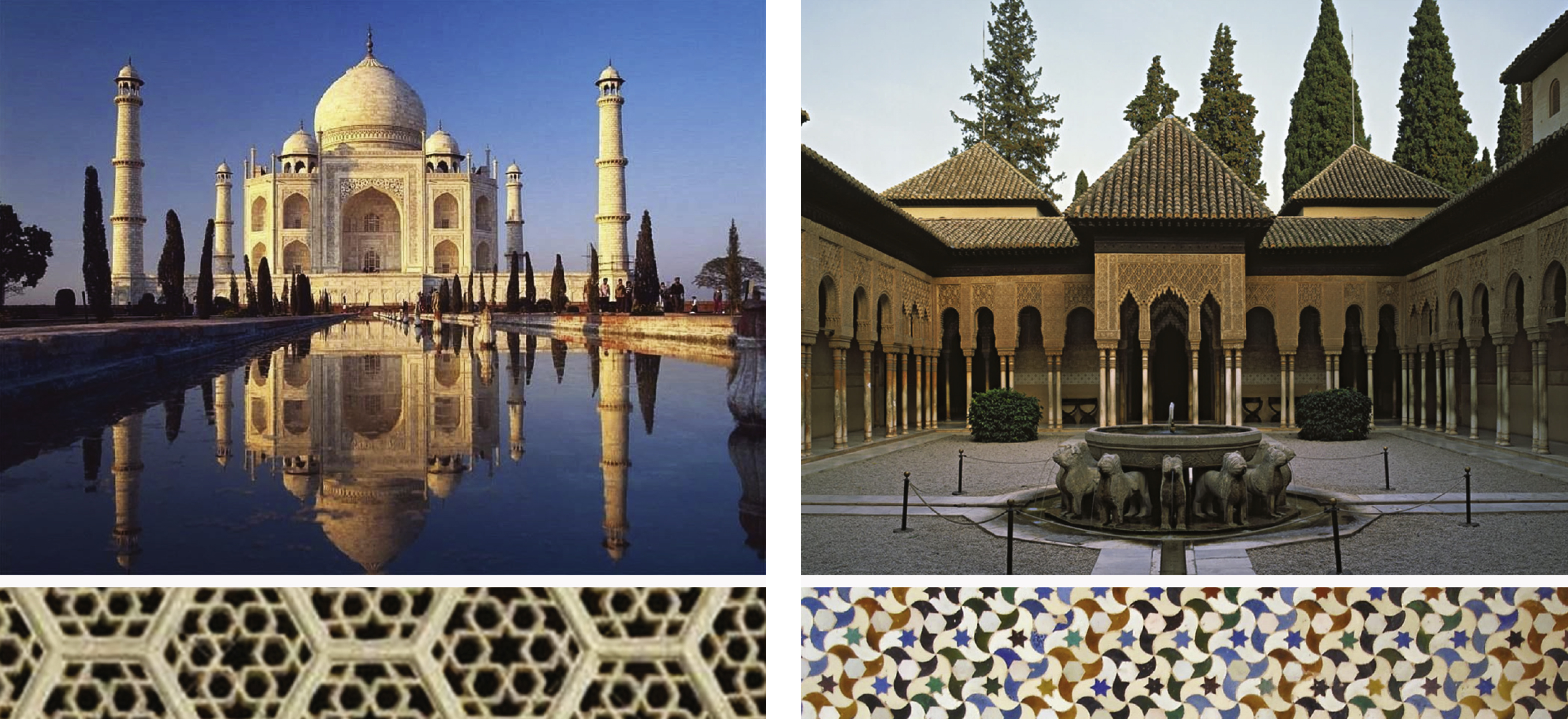 Taj Mahal (left) and Al-Hambra Palace (right) are iconic examples of a universal geometric approach to design.