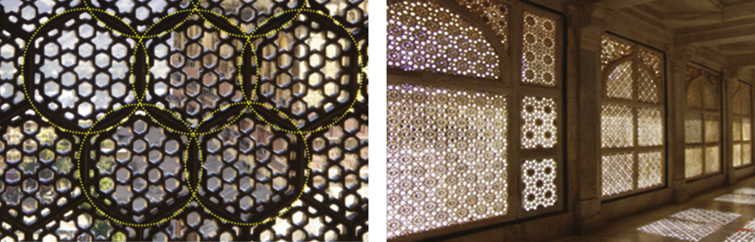 Circles and spheres form the base of Islamic geometric compositions. Examples of this are found in mashrabiya, such as those applied in Sheikh Lotfollah Mosque in Isfahan, Iran (left) and the Taj Mahal (right).