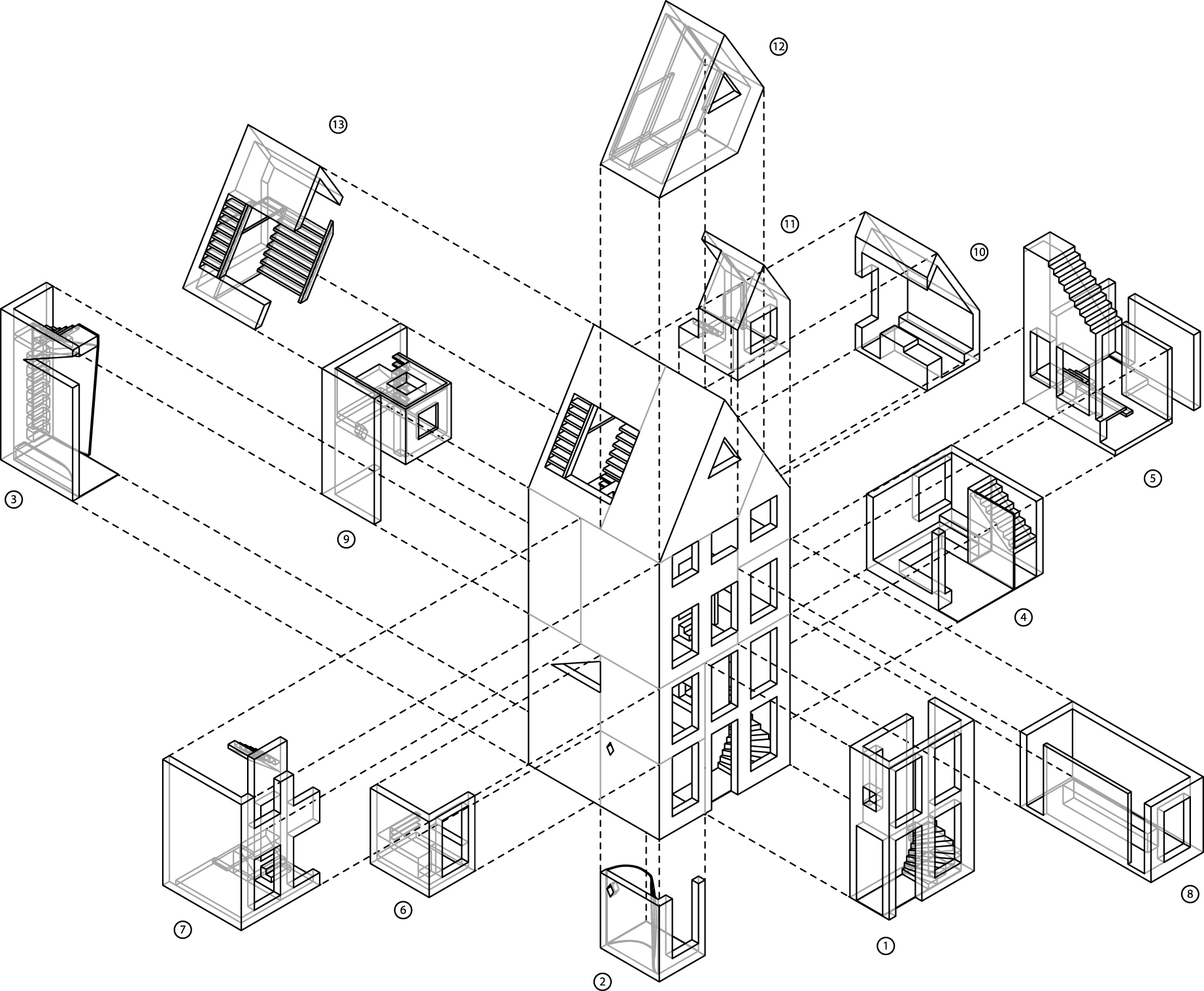 Axonometric view of the construction parts being printed by the KamerMaker (ba DUSarchitects).