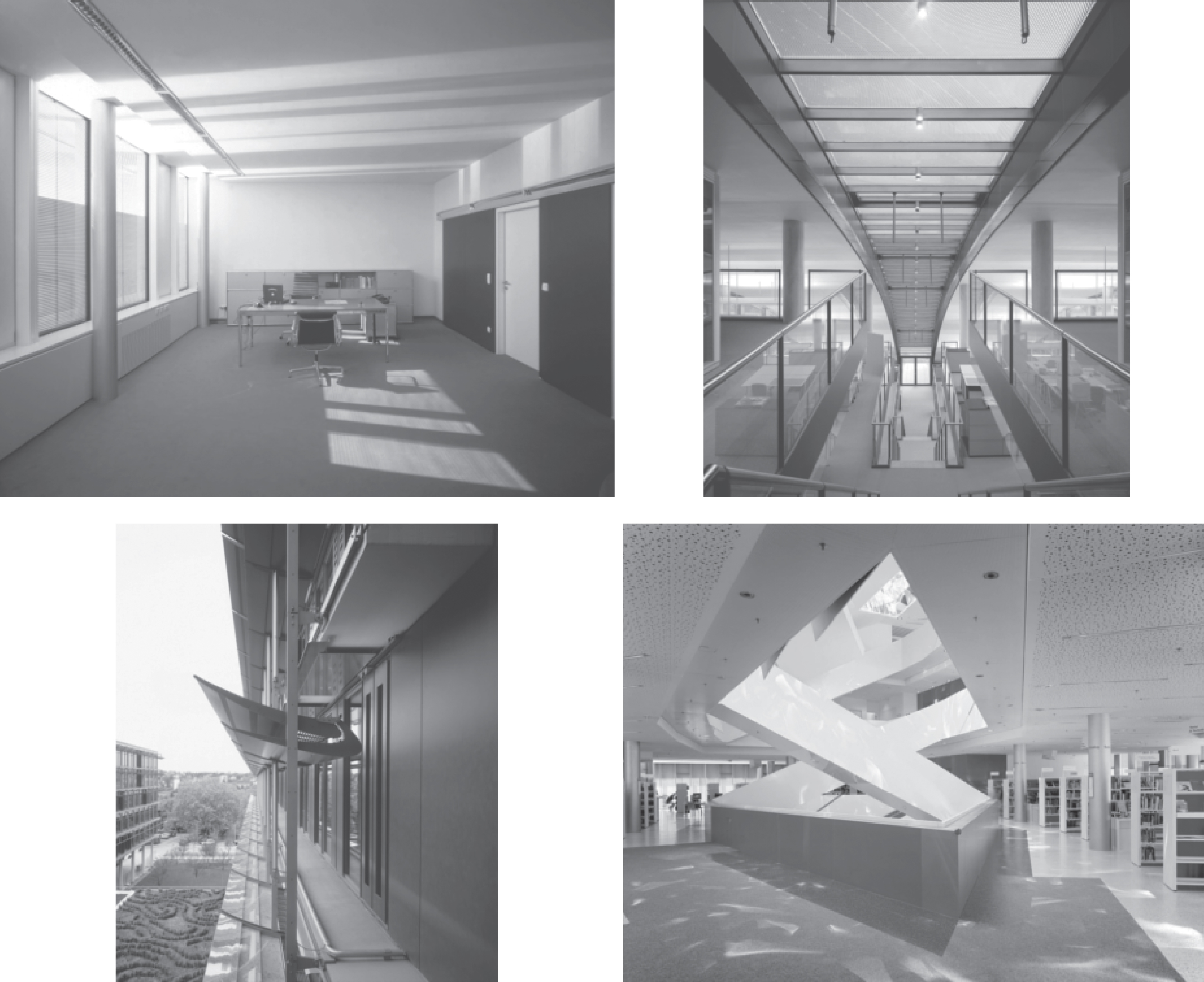 Examples of DRCs and DRC installations. Top left: Interior daylight distribution generated from a functional DRC made of curved specular lamellae integrated into a double glazed window. Top right: Skylight sections of a larger office building with DRCs combining sunlight retroreflection and daylight redirection. Bottom left: Exterior DRC installation with movable louvers. Bottom right: Custom DRC installation for staircase lighting, adding aesthetic dimensions to the pure lighting functionality. Sky and sunlight is redirected through a rectangular short light pipe with facetted mirrors, to produce lighting patterns varying in appearance over the course of a day. Photograph top right: Copyright Osram, Traunreut (Germany), photographs top left and bottom row: Copyright Bartenbach, Aldrans (Austria).