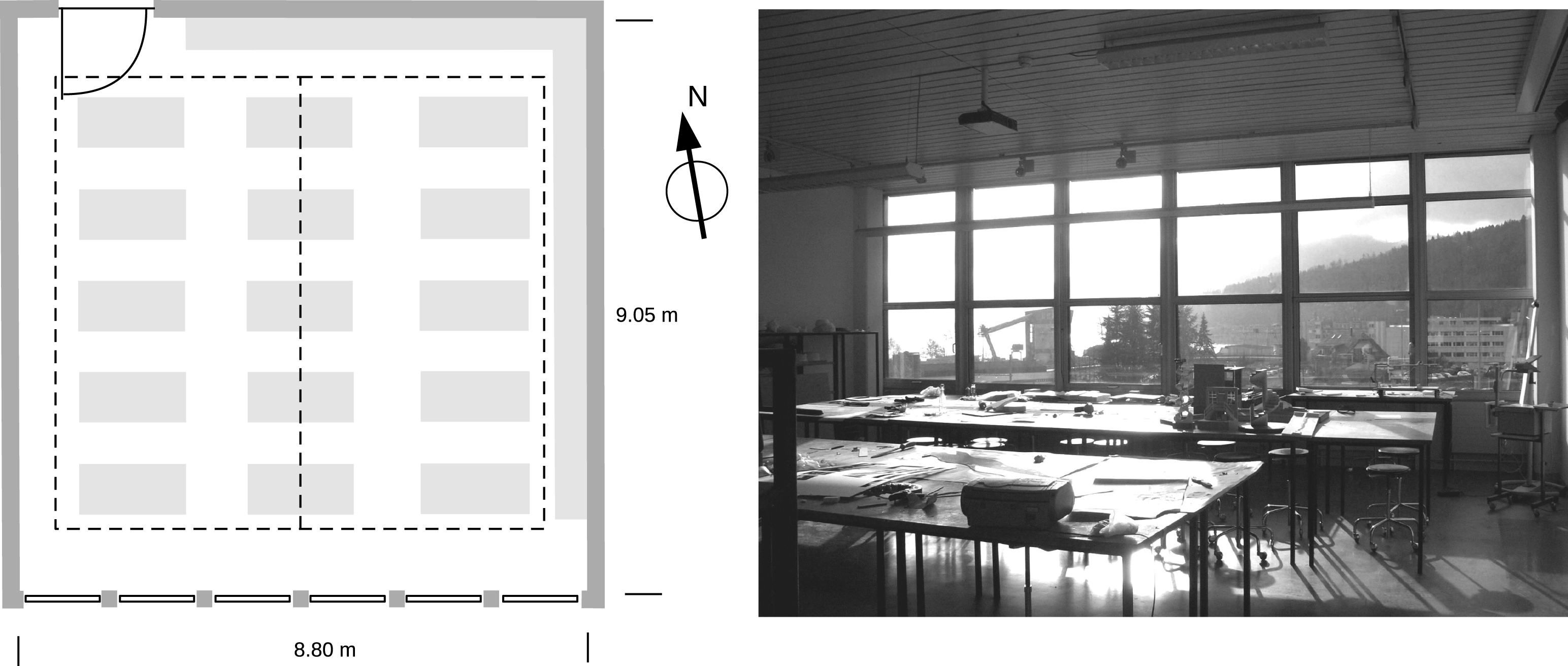 Plan view of the studio classroom used in our case study. The light grey fields indicate the furniture and the dashed line marks the sensor plane for the illuminance calculation. On the right, a photo of the room is shown, taken from the entrance facing the window facade.